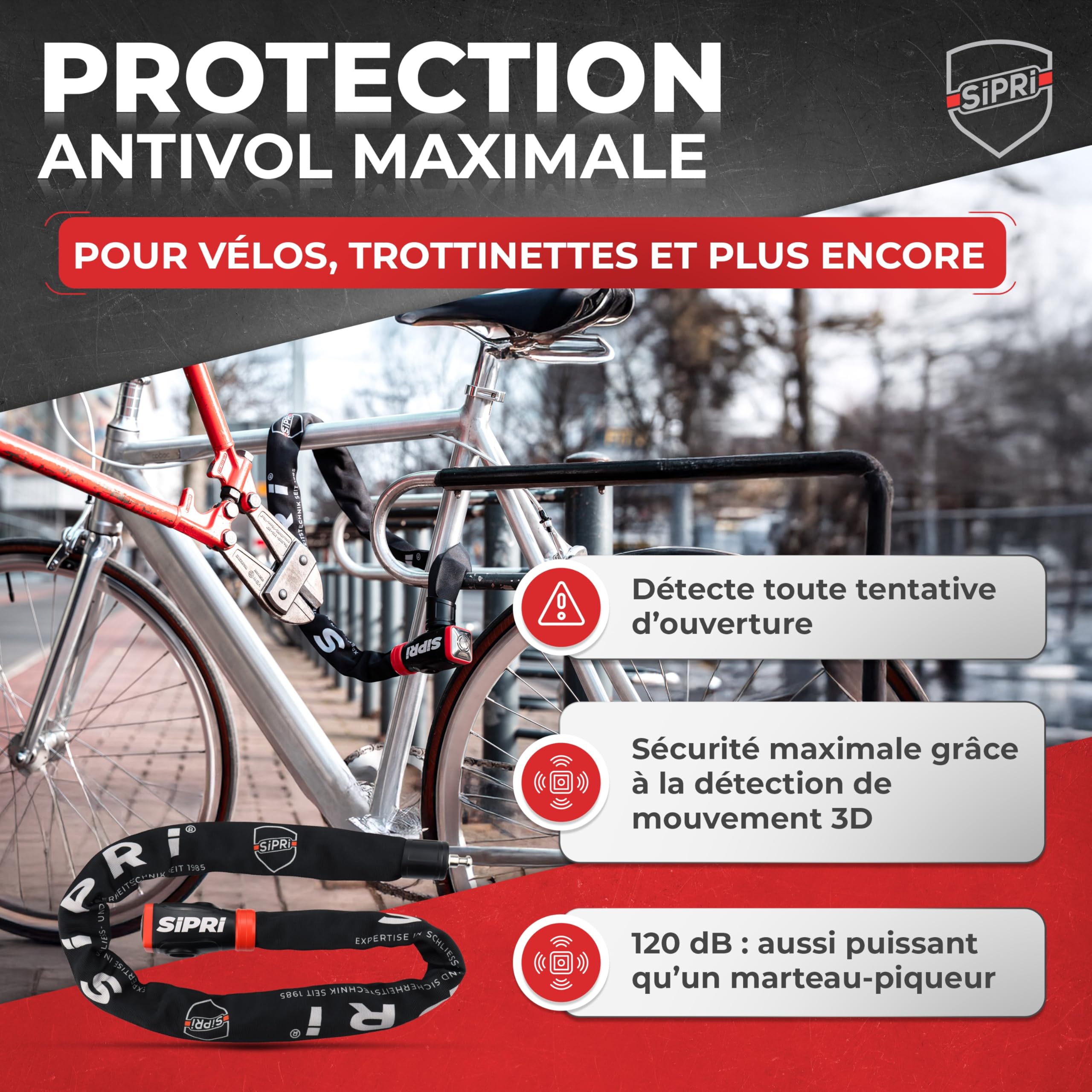 SIPRI Antivol pour vélo avec alarme 120 dB | Antivol à chaîne pour vélo | électrique, scooter électrique, moto, 8 mm en acier, résistant aux intempéries, robuste, durable, clé