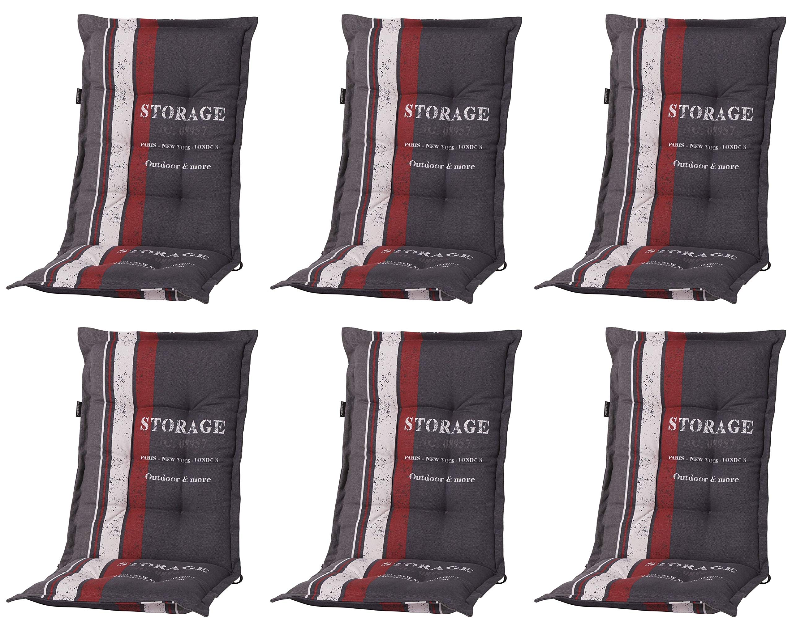 Madison Luxus Hochlehner Auflage G 148, Grau mit Rotem Streifen, 6er Set | 120 x 50 x 8 cm, Storage Red, Baumwolle und Polyester, Für Gartenstuhl