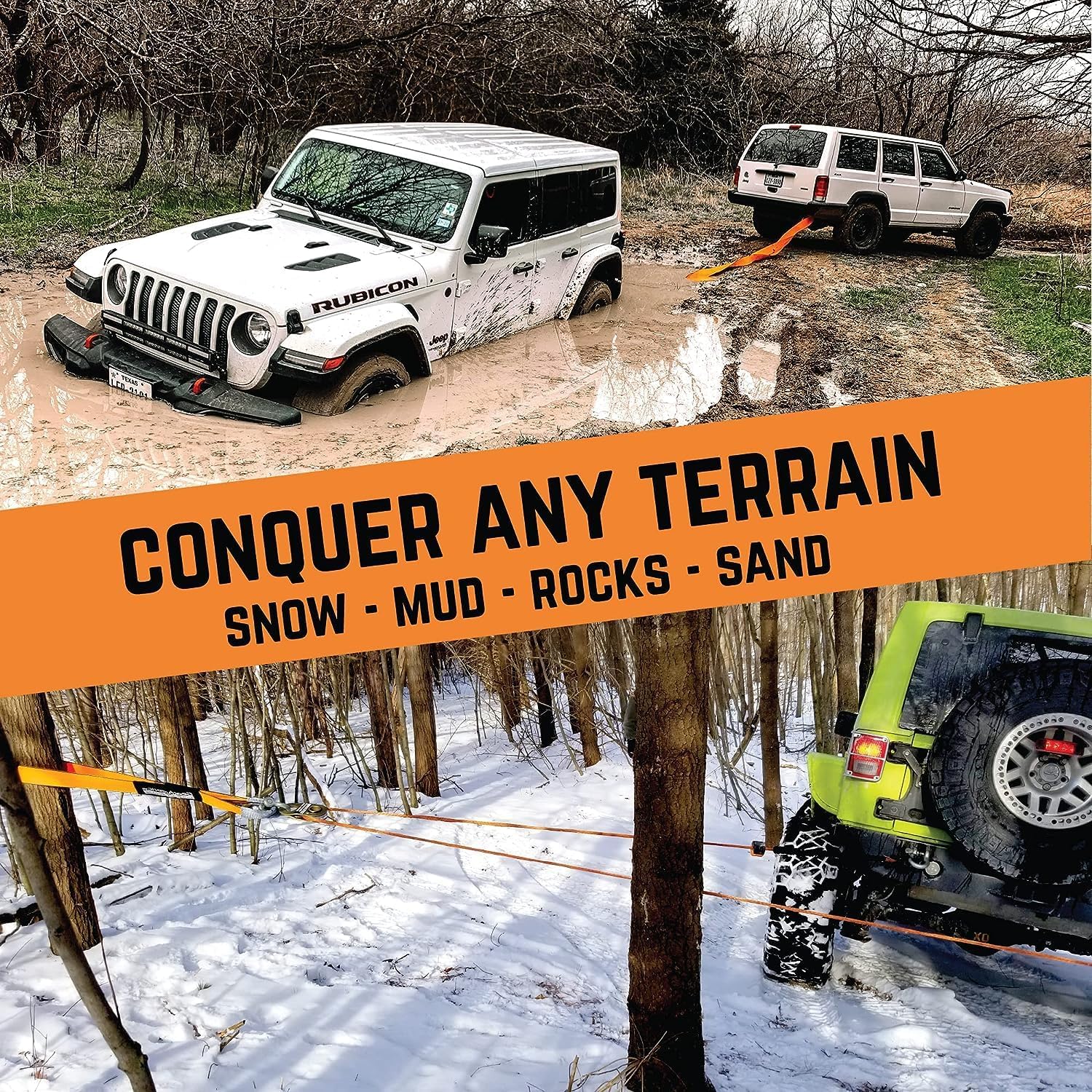 Heavy Duty D-Ring Shackles–58K lbs Capacity–Tow Shackle, 7/8" Pin & Washers(2PK) + 1Tree Saver Strap 3"x8'–Certified 35053 lbs(17.5 US Tons) + 1 Tow Straps Heavy Duty with Loops 3"x20'–35053 lbs MBS