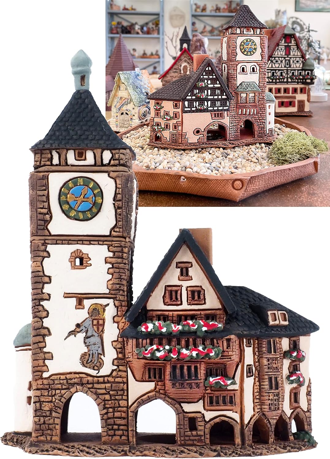Ceramic Villages and Houses Collection - Collectible Miniature of Historic Schwabentor in Freiburg, Germany - Cone Incense Holder R347