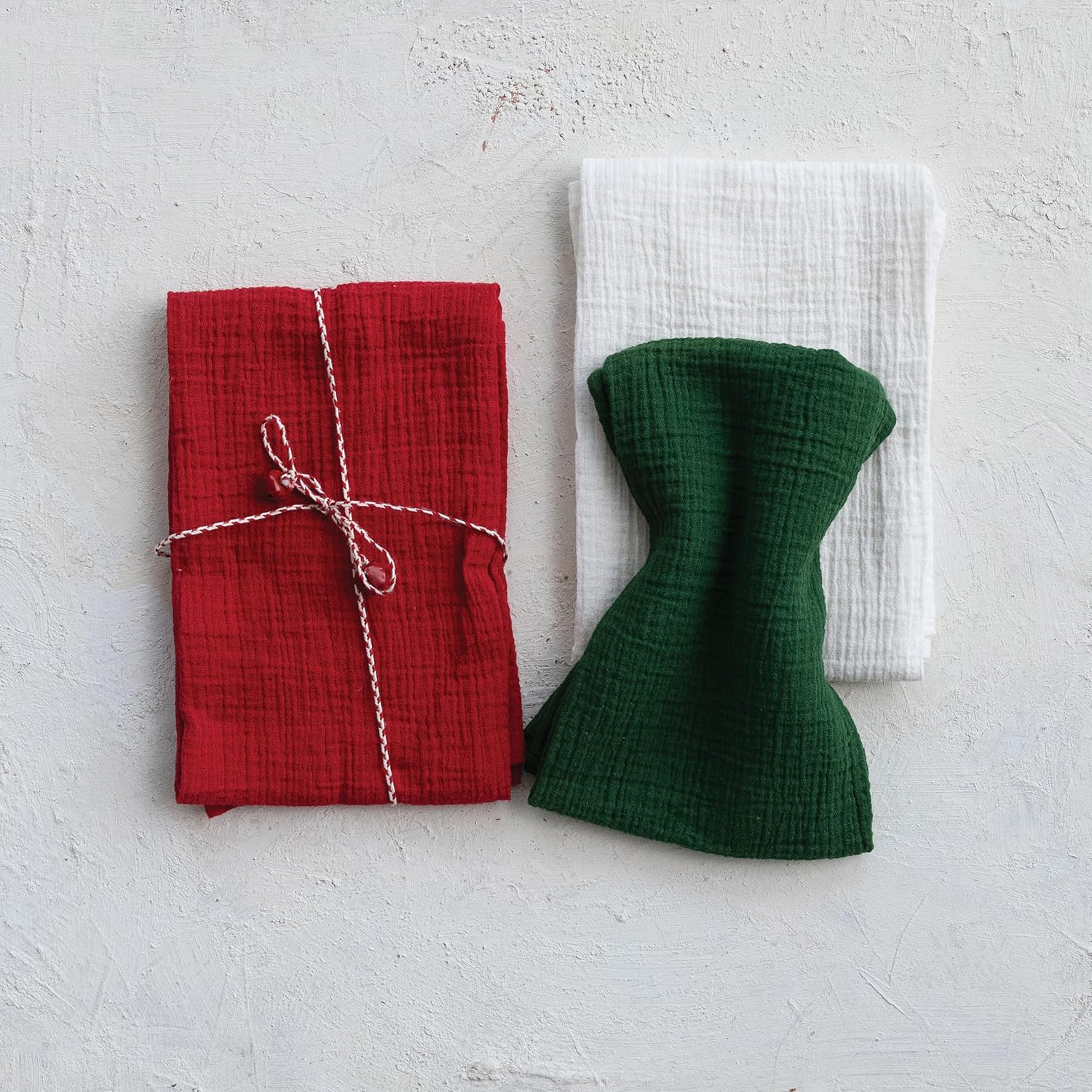 Creative Co-Op me: Woven Cotton Double Cloth Tea Towels with String and Bells, Multicolor, Set of 3