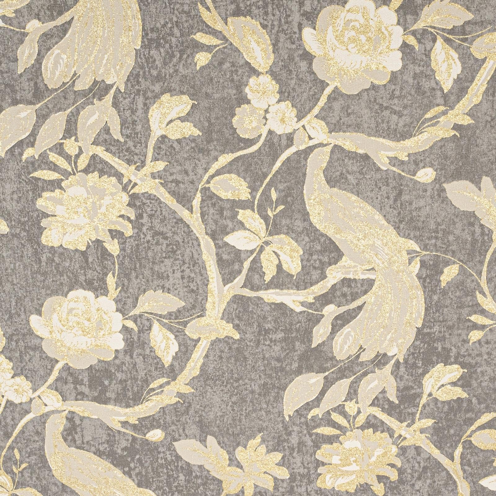 Sophie Laurence Charcoal & Gold Floral Birds Peacock Vinyl Wallpaper | Luxury Metallic Design | Paste The Wall | Washable | Textured | 10M X 0.53M Full Roll Bedroom, Living Room Feature Wall, Hallway