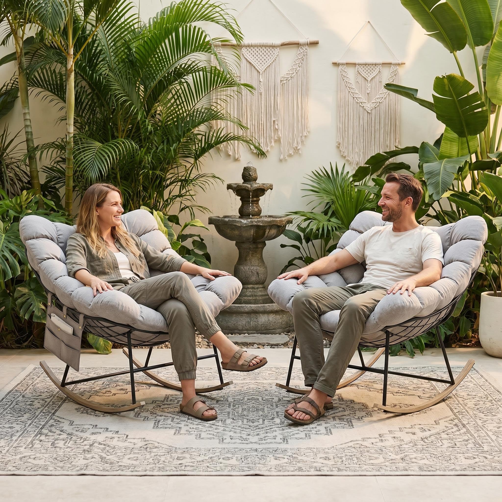 Fiutazge 2 Pezzi Sedia a Dondolo da Esterno,Poltrona Relax Ergonomica a Forma di Uovo per Giardino,Balcone,Veranda e Soggiorno,Portata 180 kg,Beige