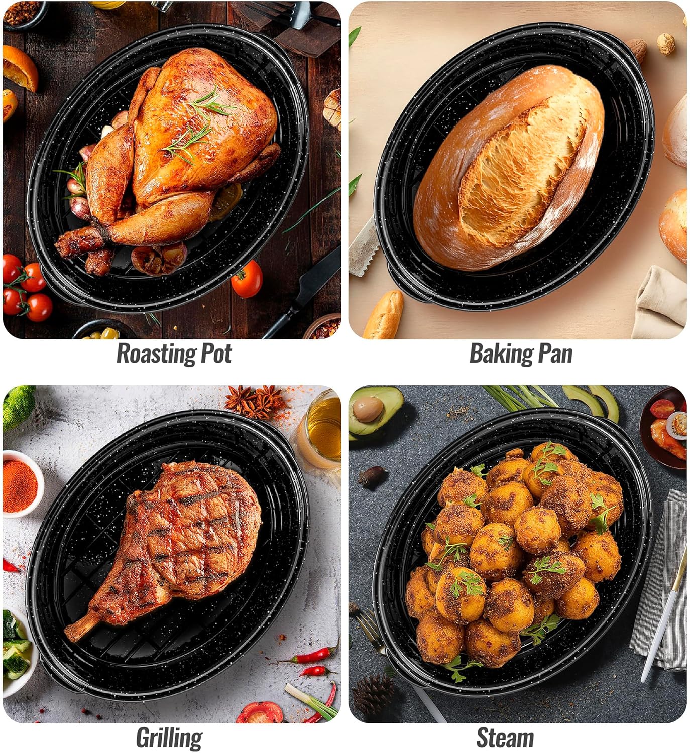 Roasting Pan with Lid & Rack 18 Inch Extra Large Deep Oven Baking Pot, Enamel Granite NonStick Oval Carbon Steel Pot for Turkey Chicken Ham Steak NonToxic for Valentine's Day Gift Roaster Pan - Image 9