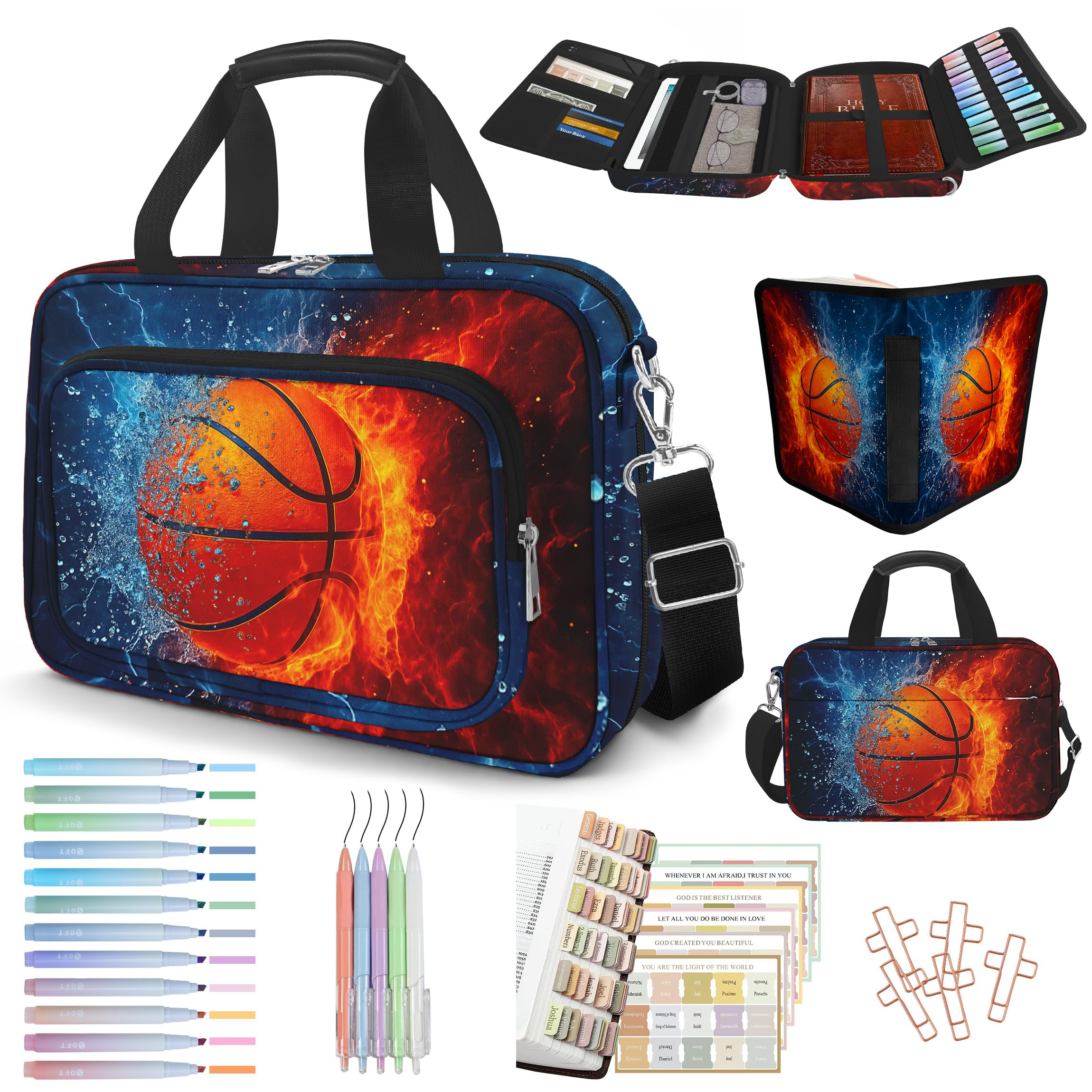 bolimoss Fire Water Basketball Bible Cover Bag for Men Boys, Bible Cover with Zipper Pockets, Large Bible Carrying Case with Handle Strap, Church Bag with Pens Highlighters for Christian Gifts