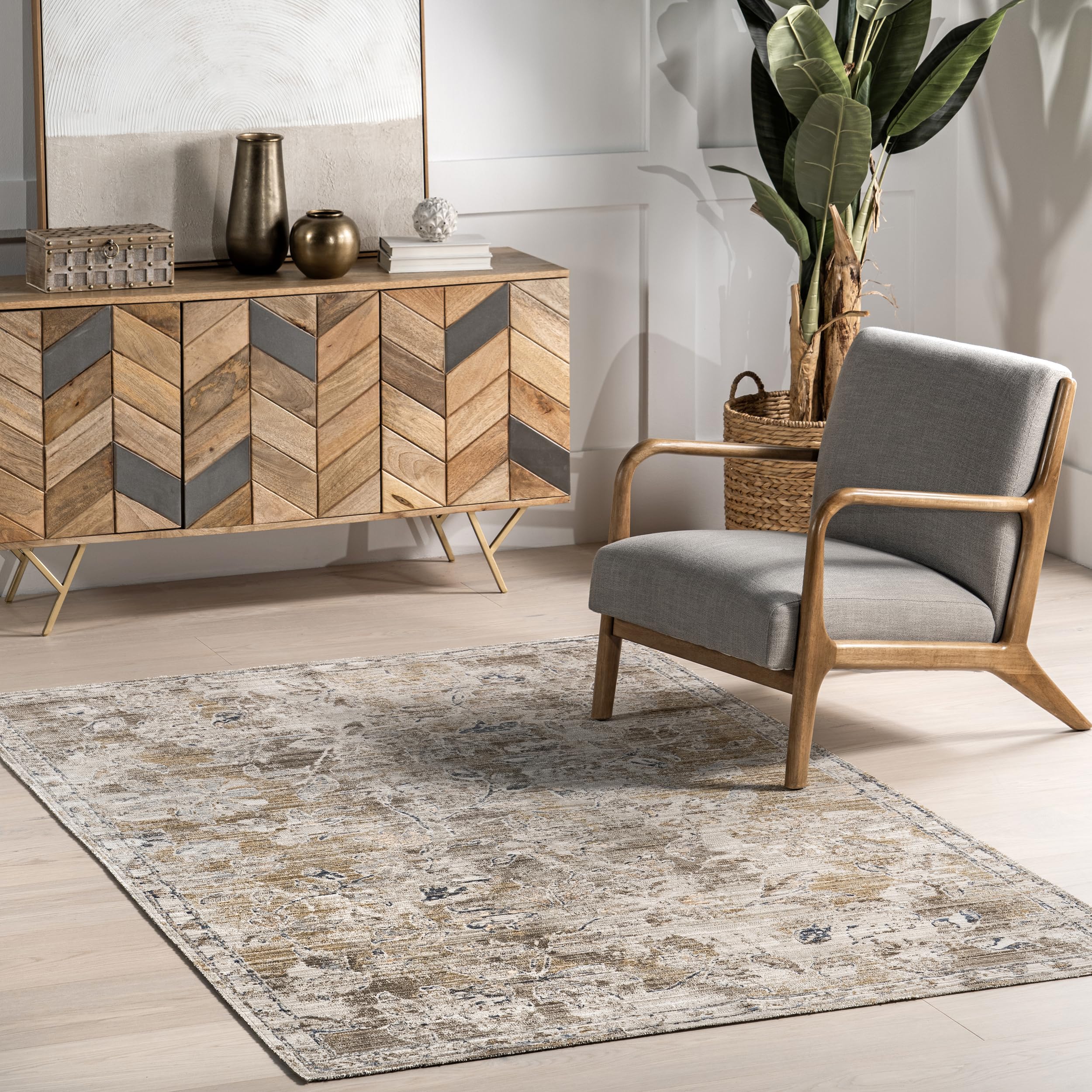 nuLOOM Zenni Beige, 6'7" x 9'4", Vintage Floral, Soft and Cozy, High Traffic, Stain Resistant, Easy Clean, Durable, Machine Washable Area Rug for