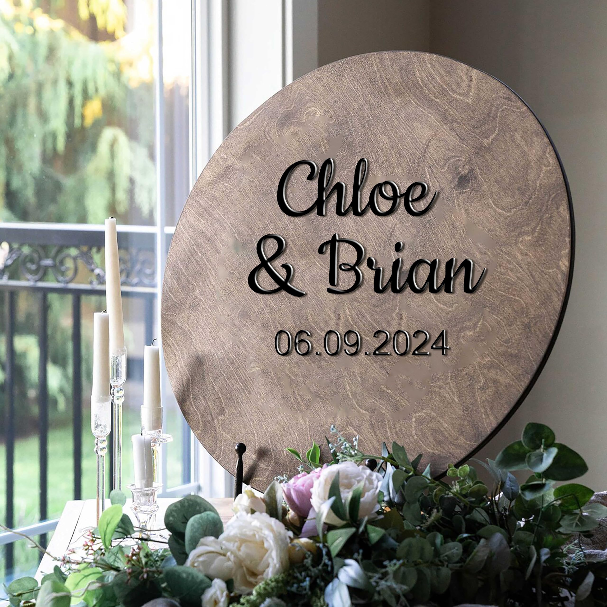 Pahdecor Letrero de madera 3D redondo personalizable con nombre de boda para despedida de soltera, cartel de bienvenida a nuestra boda, ceremonia de boda y recepción, moderno, minimalista, elegante,