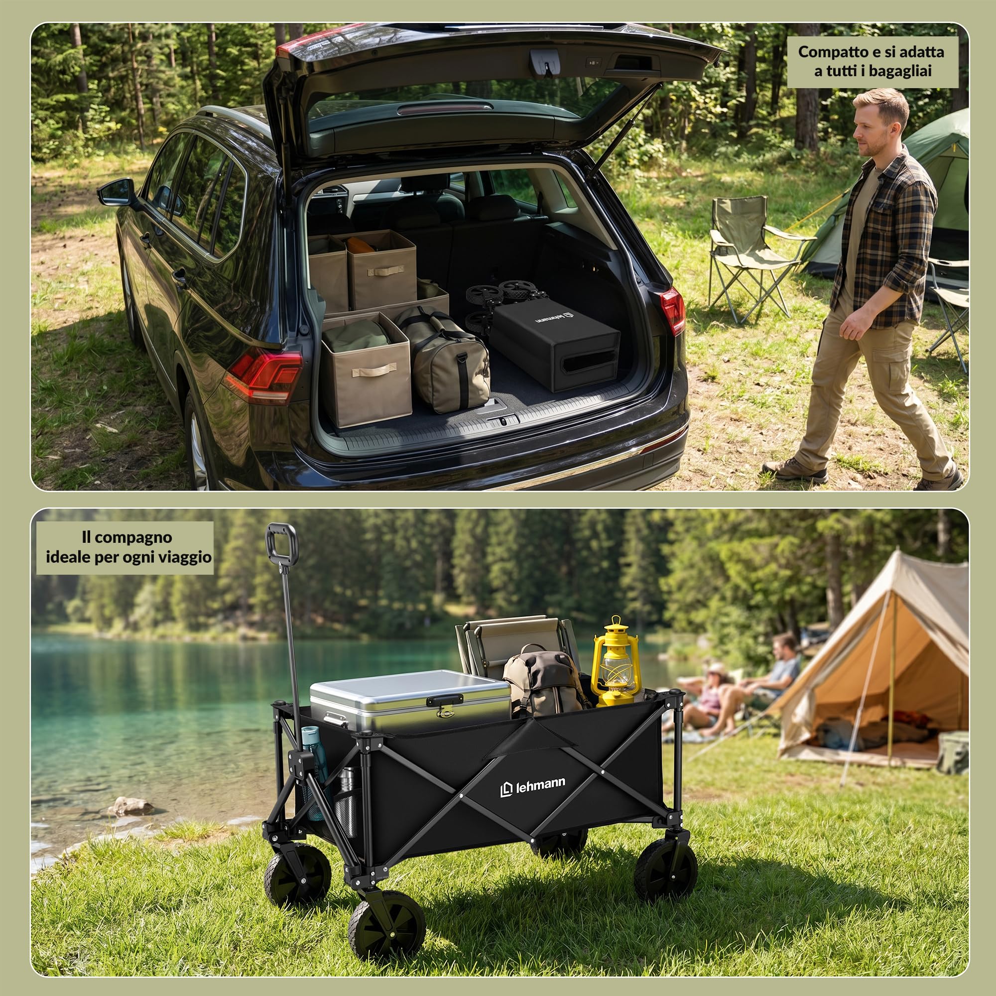LEHMANN MOBI Carrello Spiaggia Pieghevole 110L con Ruote Grandi, Carrello con Ruote Portatutto fino a 80 kg, Carrello da Spiaggia per Bambini, Spesa, Mare, Giardino e Camping
