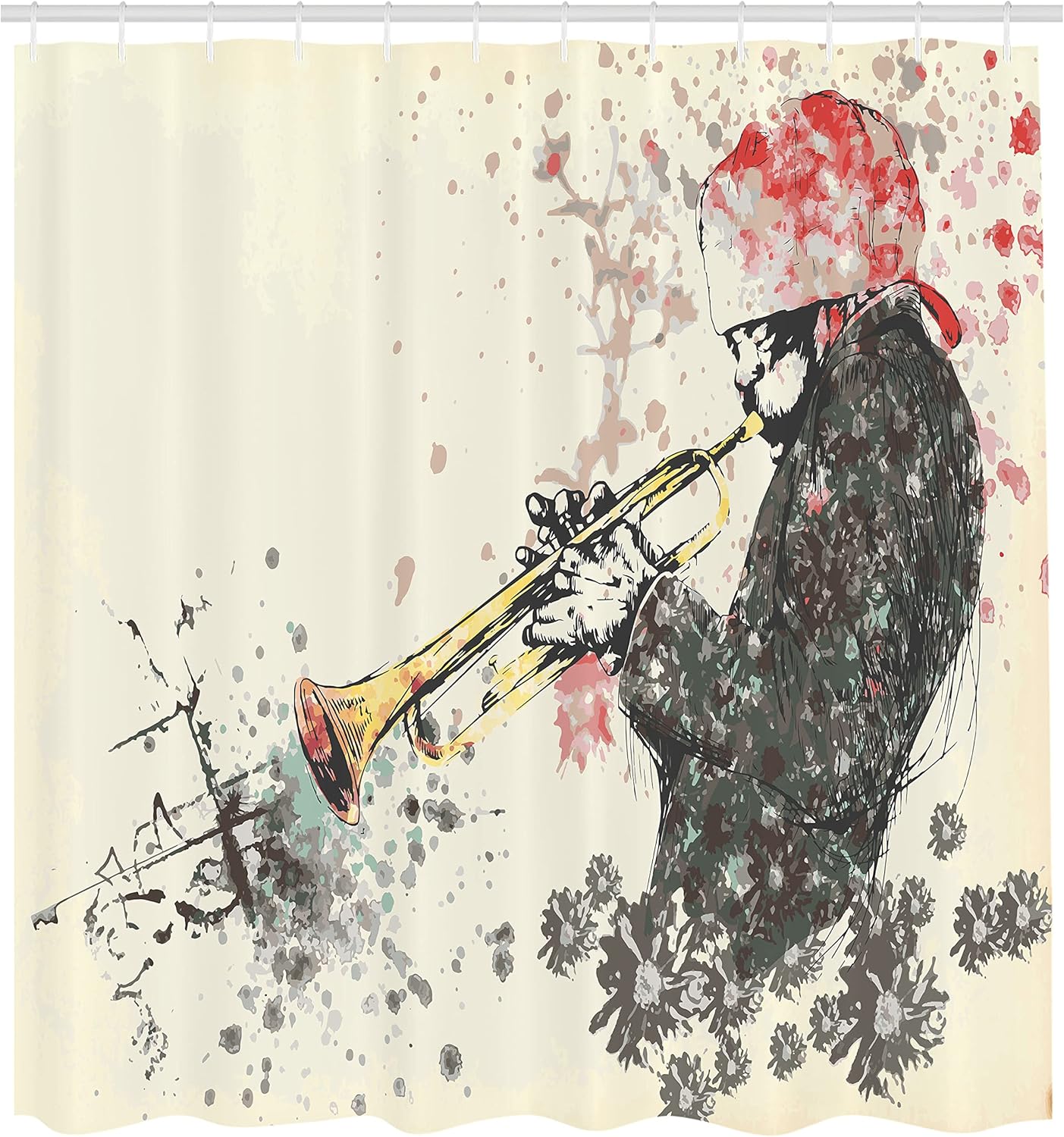 Ambesonne New Orleans Shower Curtain, Trumpeter Man with Hand Drawn Flowers and Color Splashes, Cloth Fabric Bathroom Decor Set with Hooks, 69" W x 70" L, Dark Green Vermilion and Cream
