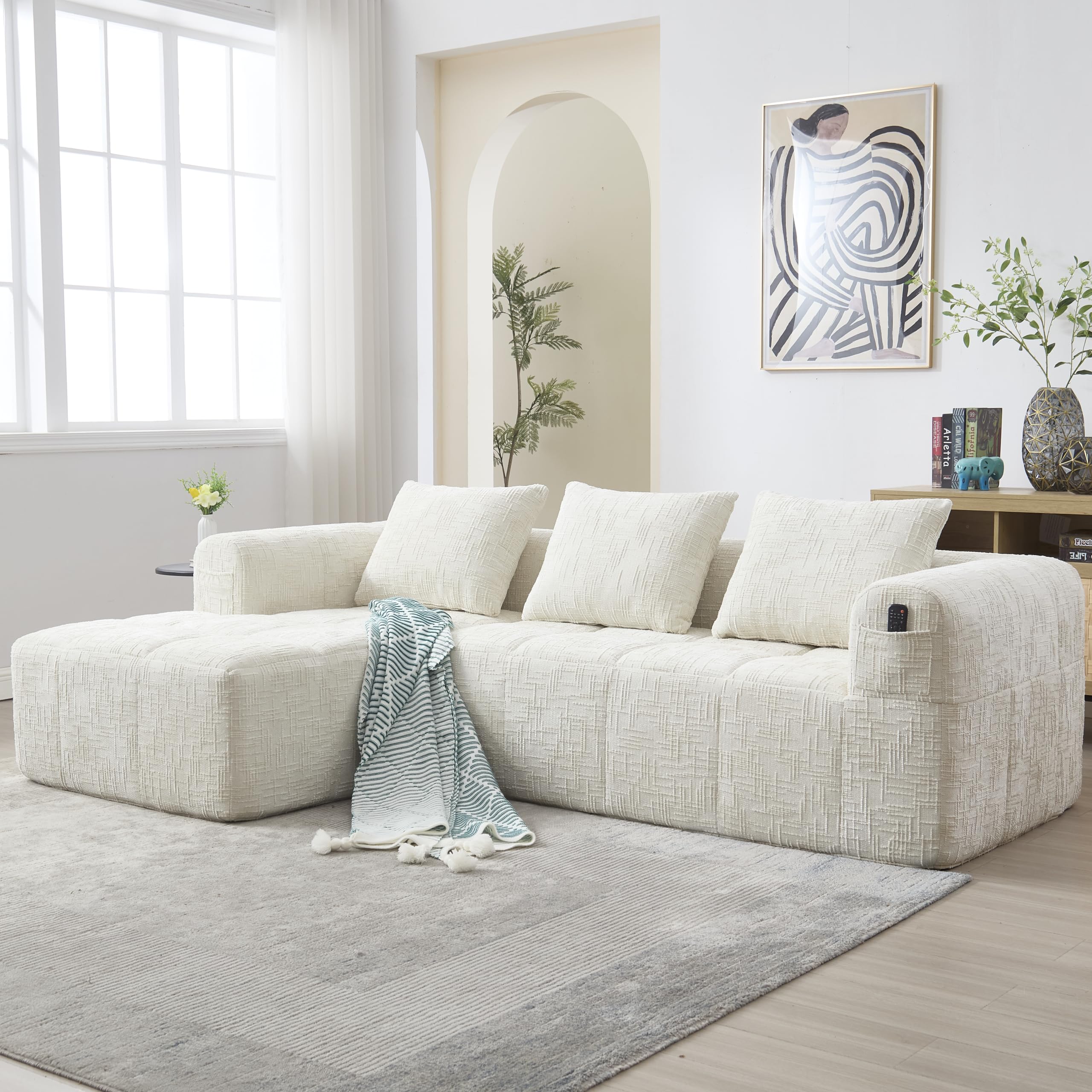 Divano angolare estensibile da 250 cm, divano letto angolare modulare a forma di L, divano compresso, divano a 3 posti con cuscini, tasca laterale, divano a 2 posti + angolo, Beige