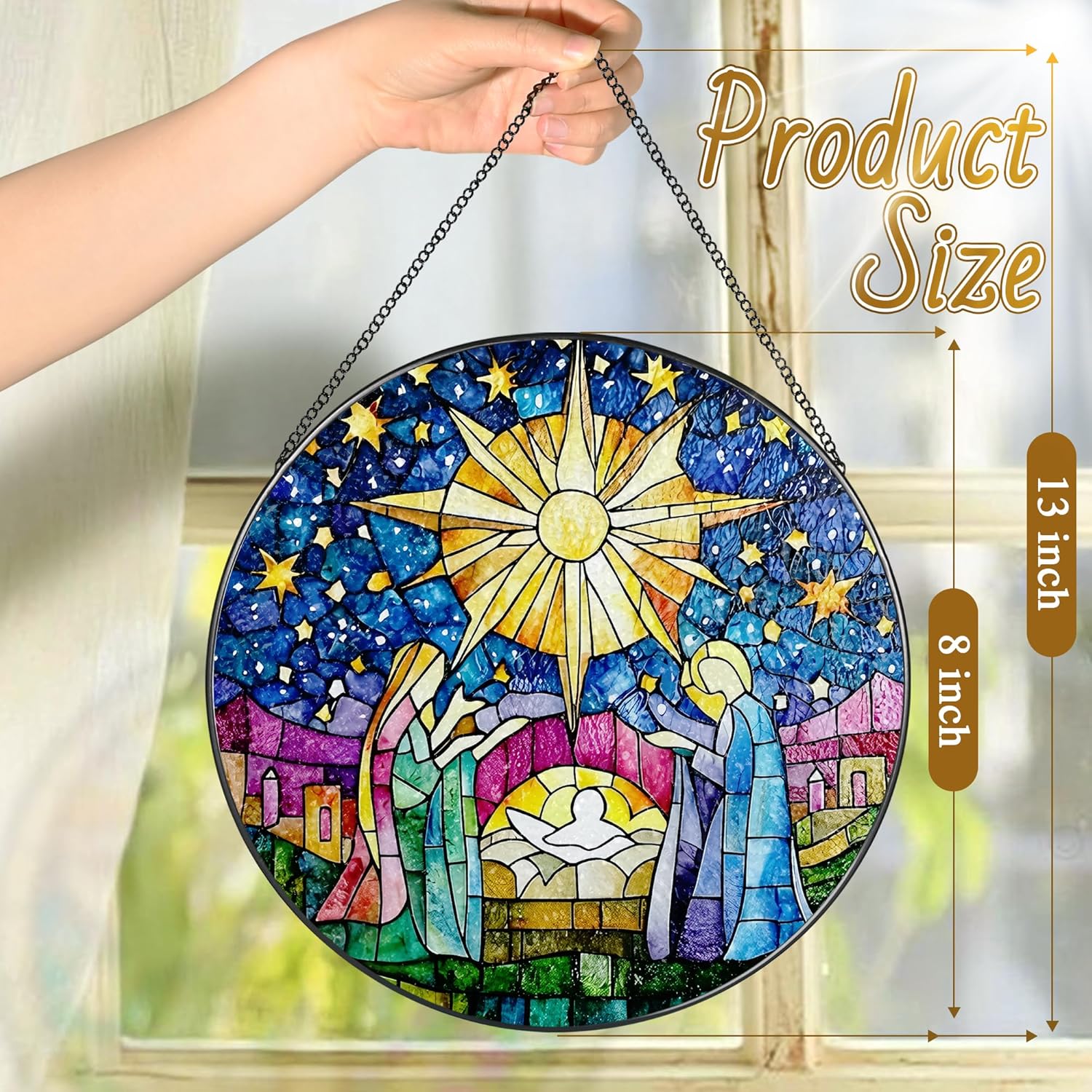 8'' Stained Glass Window Hanging, Nativity Scene Christmas Ornament, Christian Ornament, Sun Catcher Window Decor, Religious Holiday Decor, Gifts for Christmas, Religious Gift, Christian Gift - Image 4