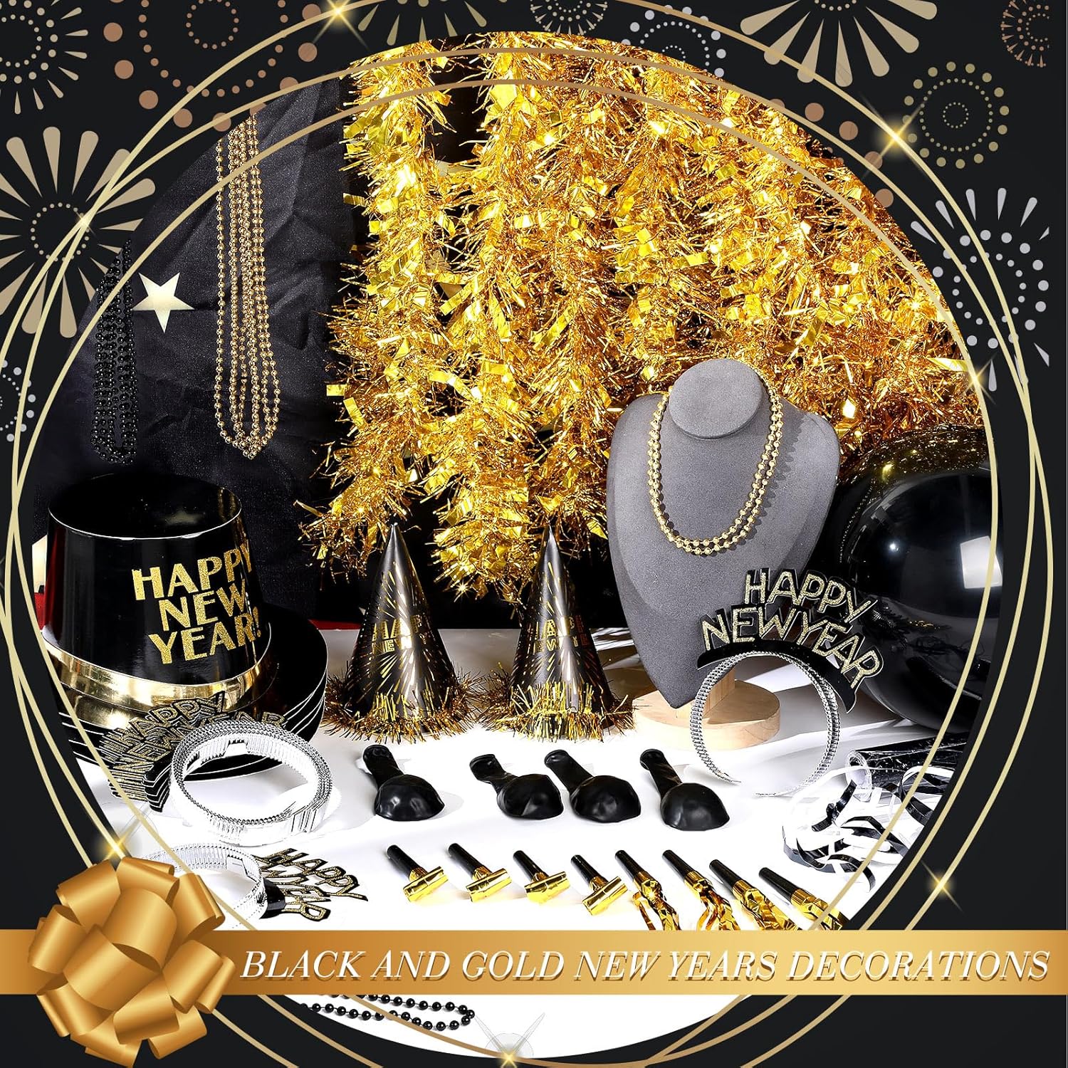404 Pcs New Years Eve Party Supplies 2026 Gold Black Party Favors Hats Tiaras Horns Noise Makers Fringe Squawkers Necklaces Streamers Whistles Balloons Decorations for Countdown Celebration