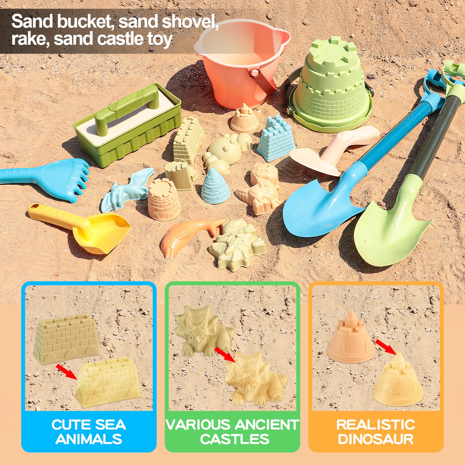 ZHTN-ITUY 19 Pieces Beach Sand Toys Set, Collapsible Beach Toys Includes Beach Bucket, Sand Shovel, Rake, Sand Castle, Animal Toys with Mesh Bag, Sand Castle Kit for Kids & Toddlers