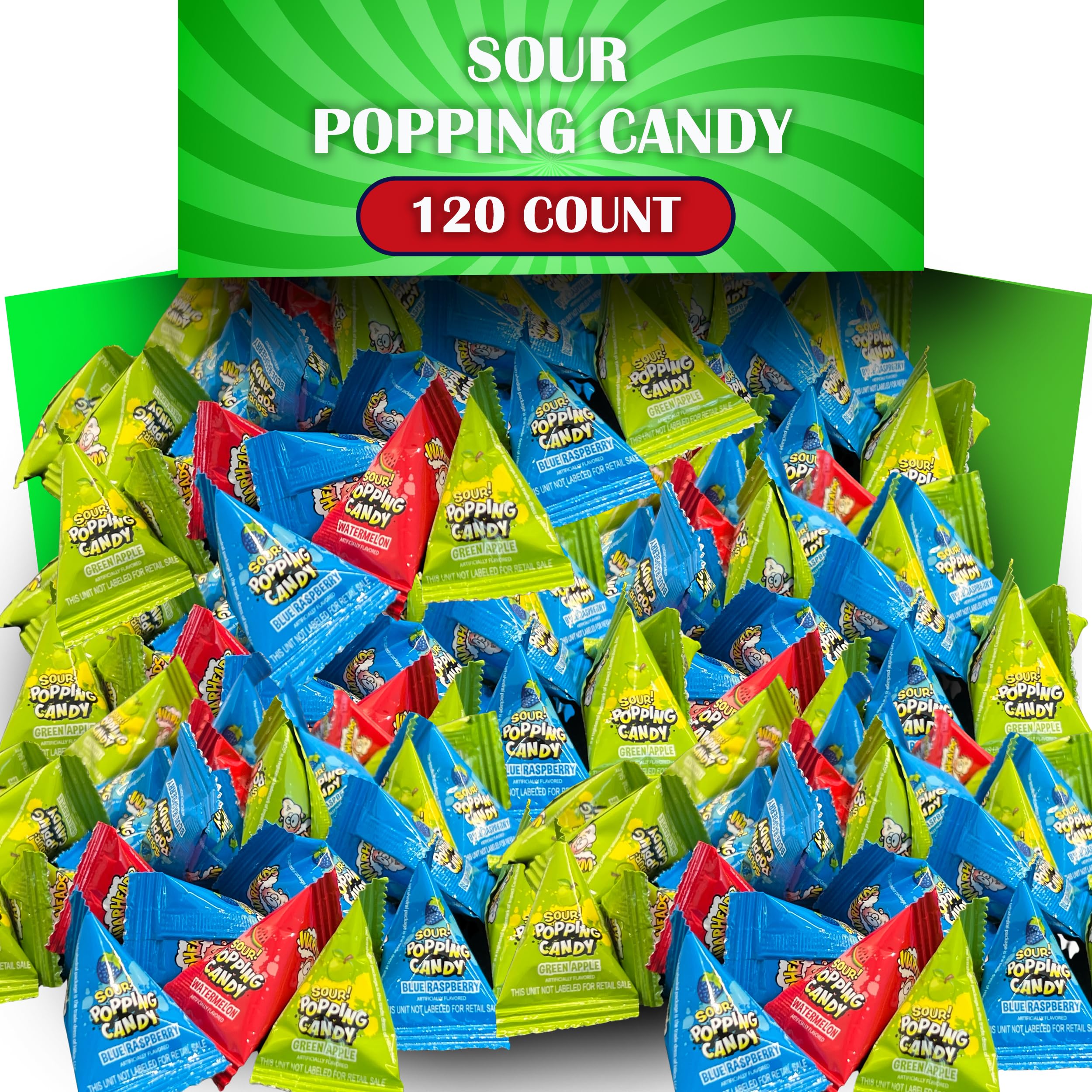 Popping Candy Bulk Assortment, 120 Count Individually Wrapped Fun Size Packs of Sour Candy, 3 Assorted Fruit Flavors, Popping Rocks Variety Pack, Party Bag Favors for Kids