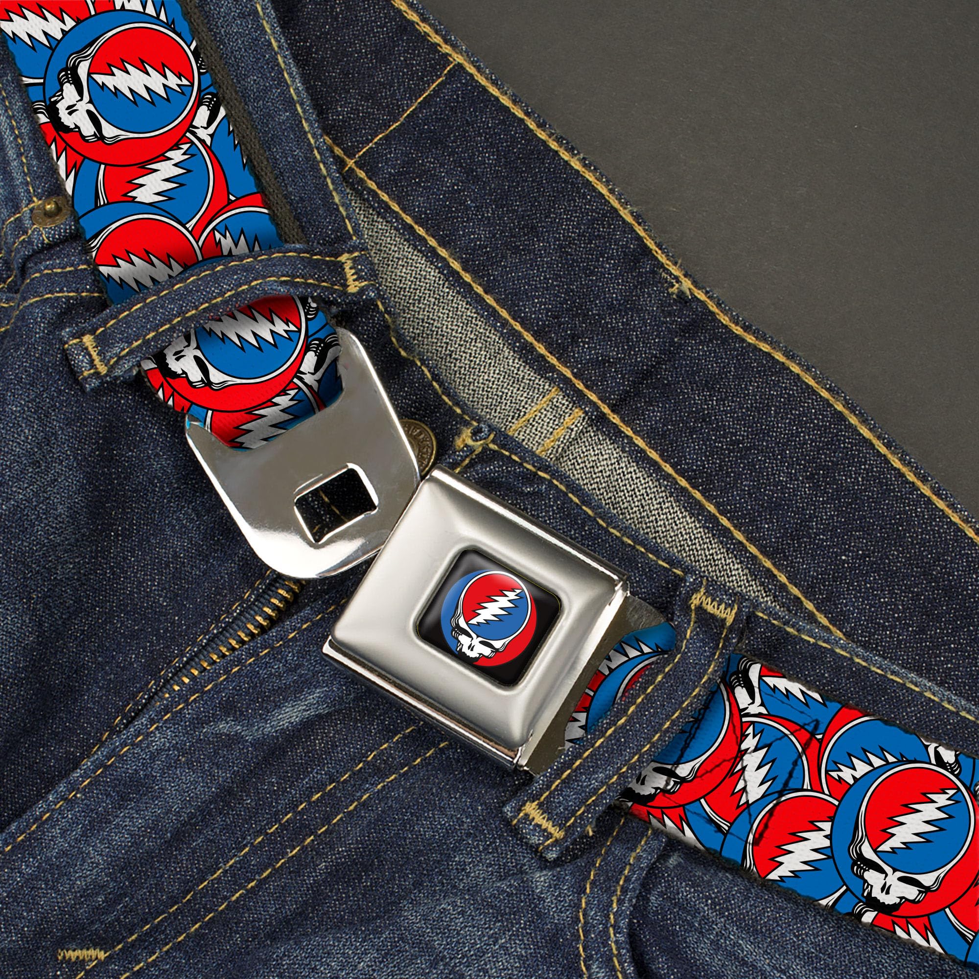 Grateful Dead Belt, Seatbelt Buckle Belt, Grateful Dead Steal Your Face Logo Stacked Red White Blue, Youth 20 to 36 Inches