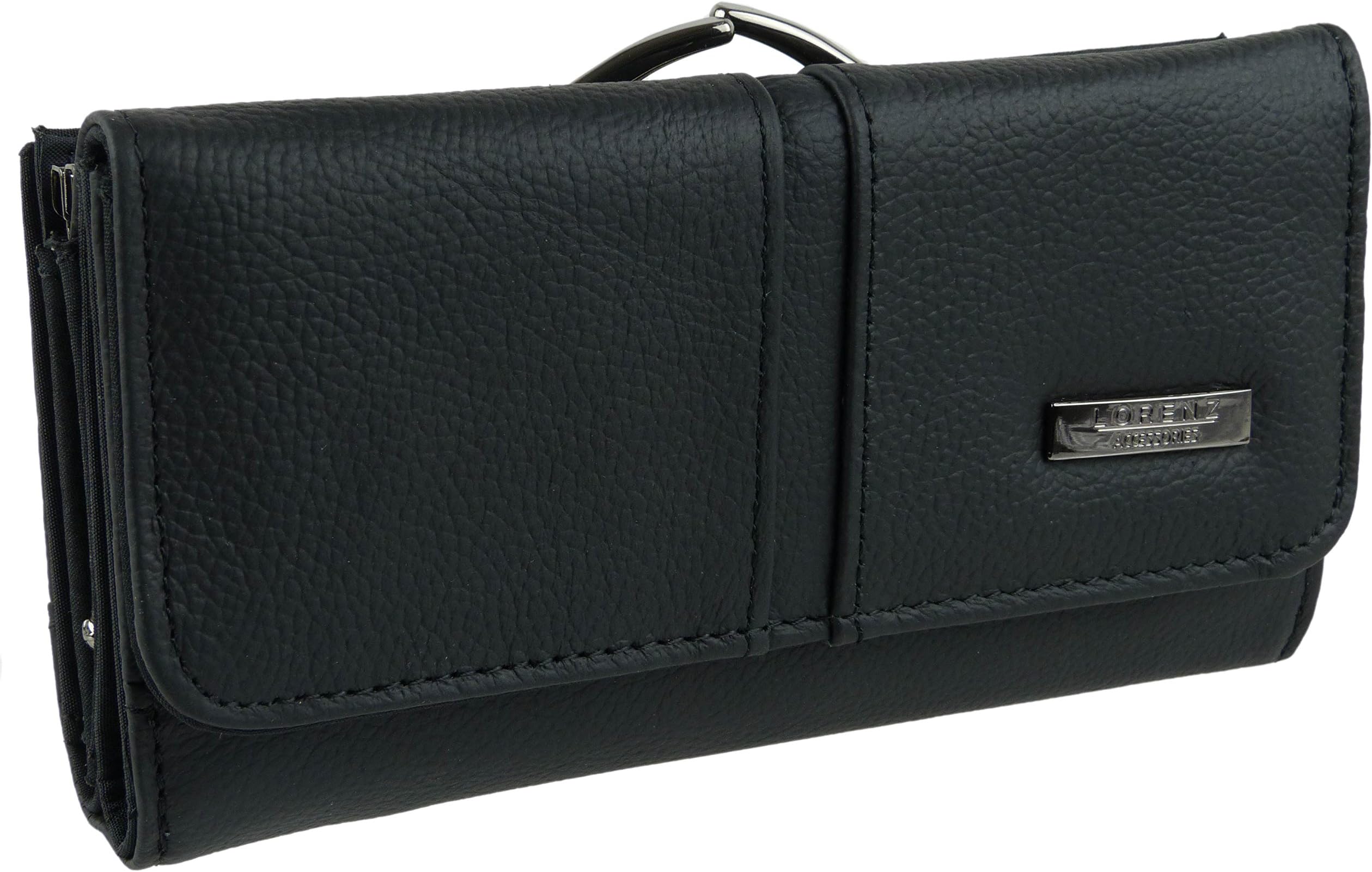 Lorenz Ladies Large Black Cowhide Leather Clasp Purse/Wallet