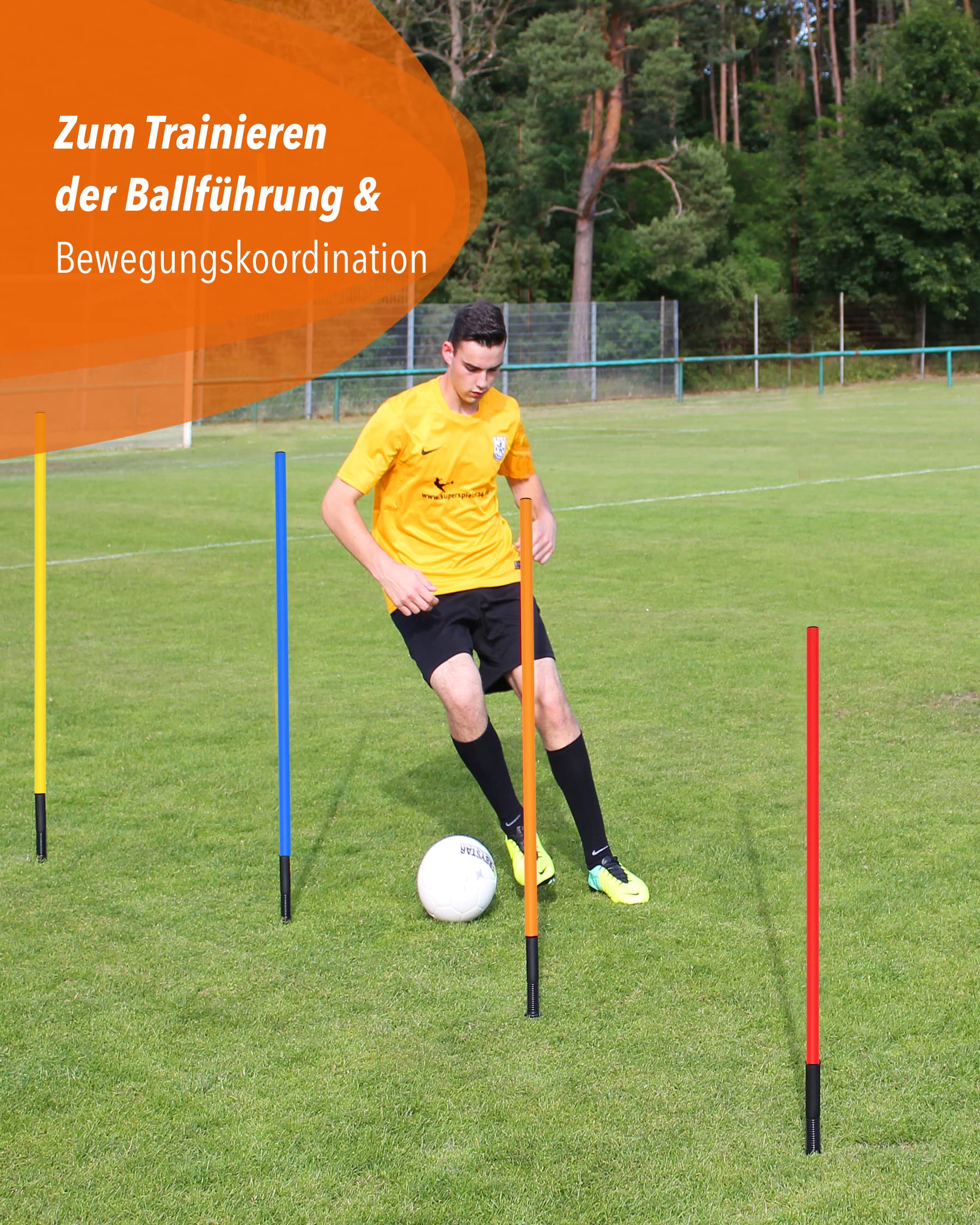 Kombi-Hülse aus Kunststoff mit Kippgelenk & Slalomstange 100 cm – 4er Set – für Slalom & Koordinationstraining – für Fußball, Leichtathletik & Hundesport – Agility-Stangen