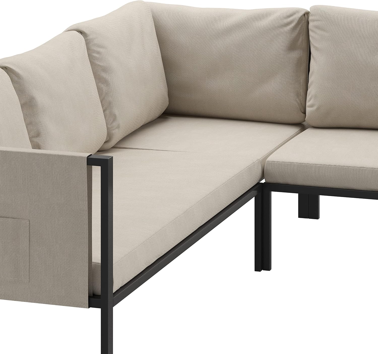 Flash Furniture Lea Indoor/Outdoor Sectional with Cushions - Modern Steel Framed Chair with Dual Storage Pockets, Black with Beige Cushions
