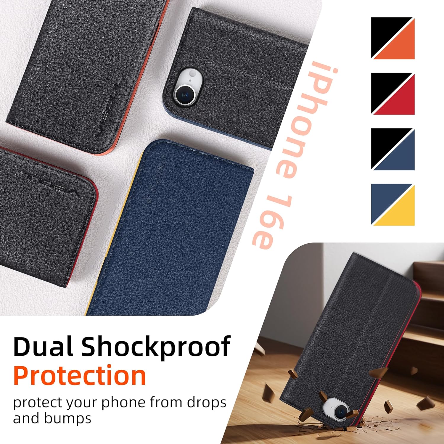 VISOUL Wallet Case for iPhone 17e/16e, Pebbled Leather Flip Folio Case with 3 Card Holders Kickstand [Shockproof TPU Inner Shell] Phone Cover for iPhone 17e 2026/16e 2025 6.1"-Black+Red