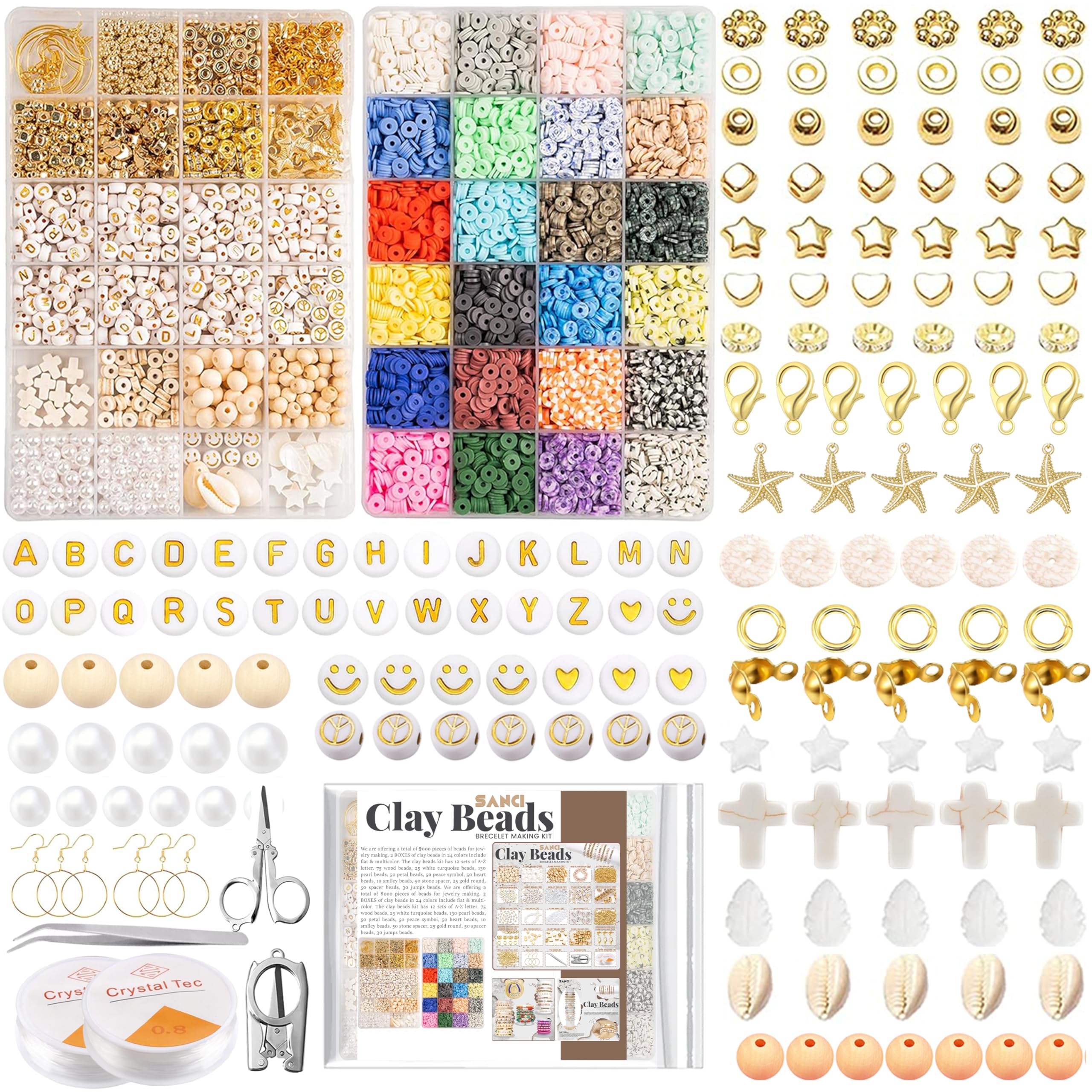 9000+ Clay Beads, Bracelet Making Kit, 50 Styles of Unique Bead in Bracelet Making Set, 2 Boxes Beads for Girls, 24 Colors of Polymer Clay Bead, Scissor & Tweezer, Strings.