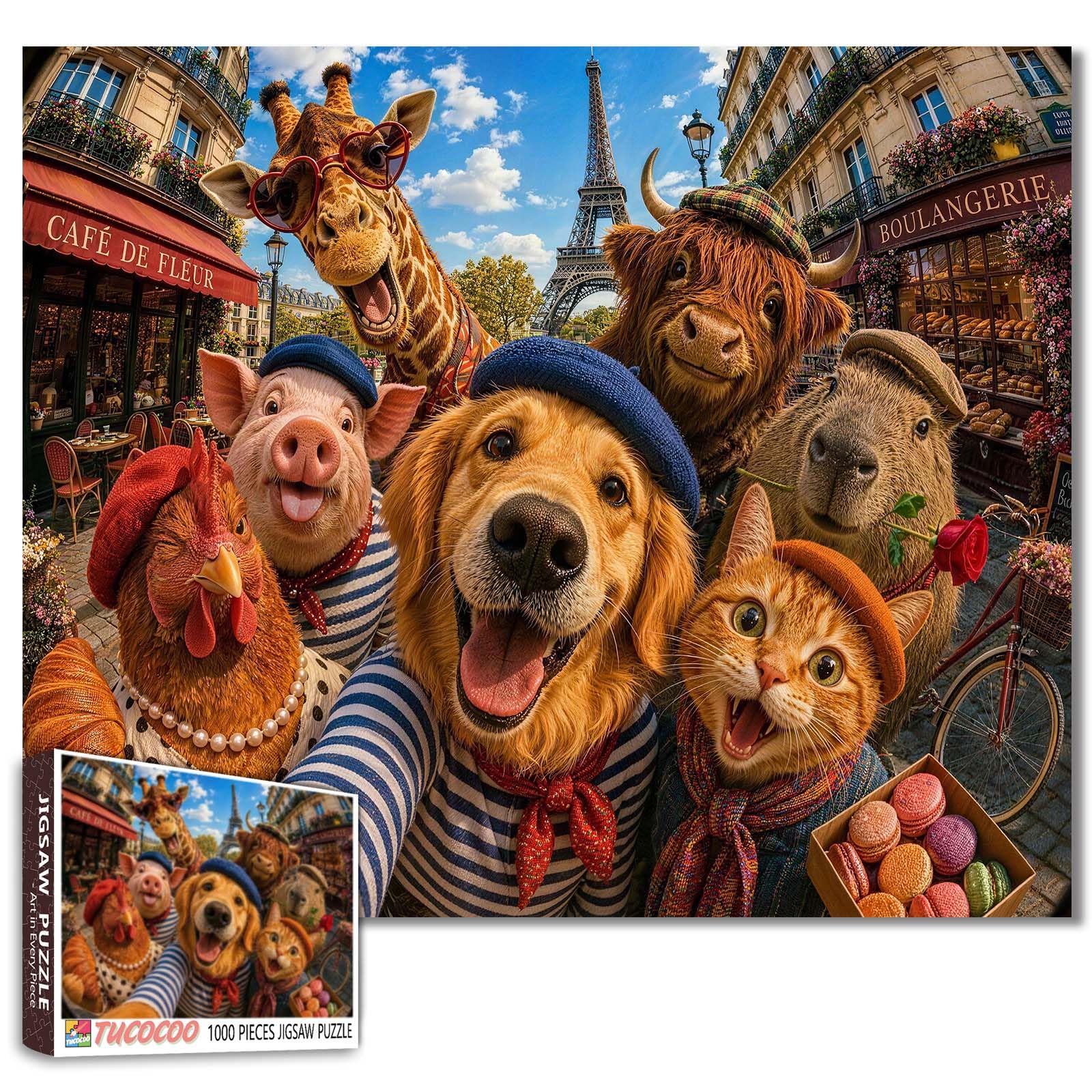Funny animaland Jigsaw Puzzles for Adults 1000 Pieces Paris Scene DIY Puzzles for Family Activity Games Travel selfie Art Jigsaw Puzzles Home Wall Decor Craft Gifts 19.7 x 27.6 Inch