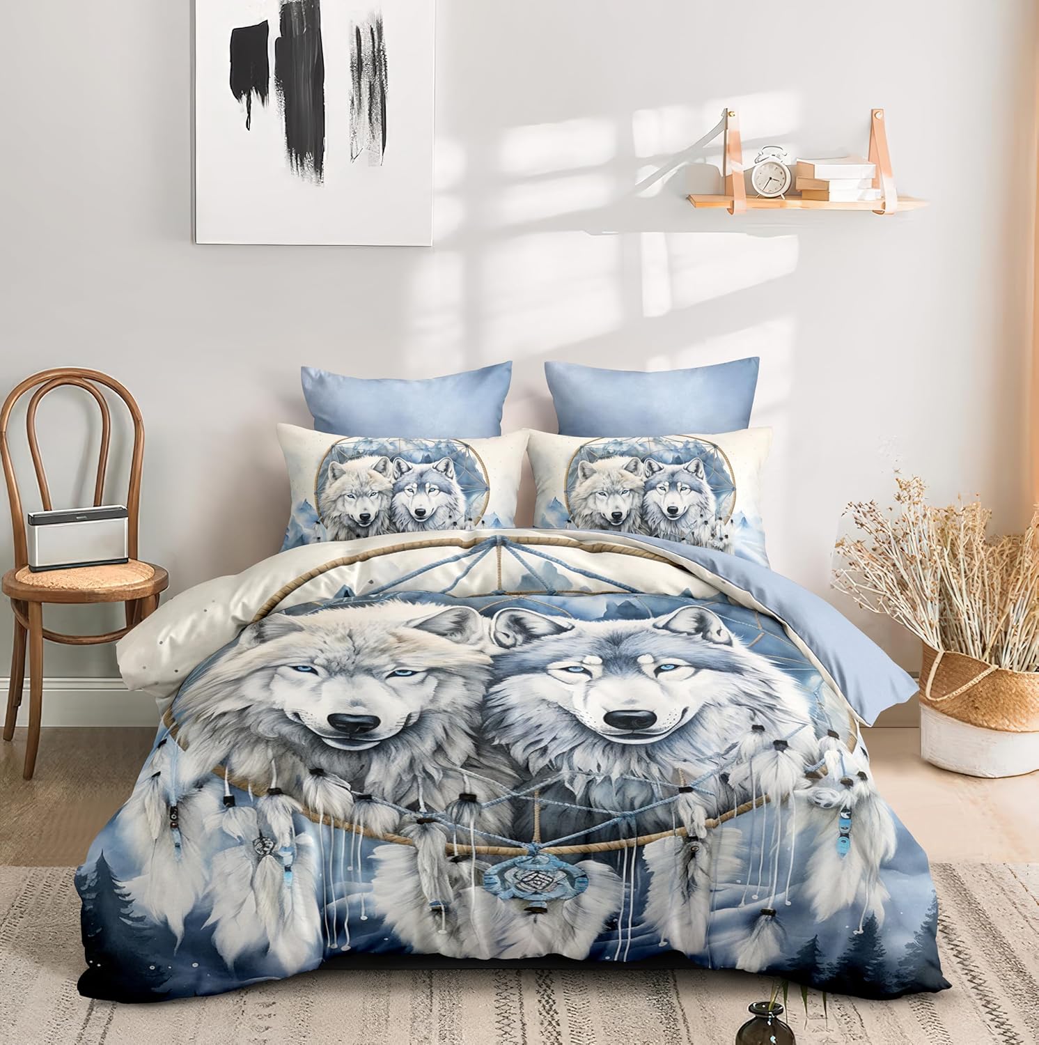 CCoutueChen Light Grey Wolf Comforter Set Queen Size, Farmhouse Country Animal Print Bedding Sets for Adult, 3Pcs Soft Lightweight Microfiber Comforter with 2 Pillowcases/90 * 90