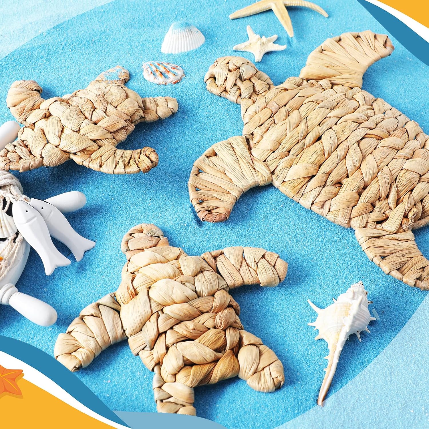 3 Pcs Turtle Beach Theme Decor 3 Size Handmade Wicker Turtle Wall Decor Sea Life Hanging Wall Art Coastal Nautical Sculpture Table Decoration for Boho Bathroom Indoor Outdoor Ornament