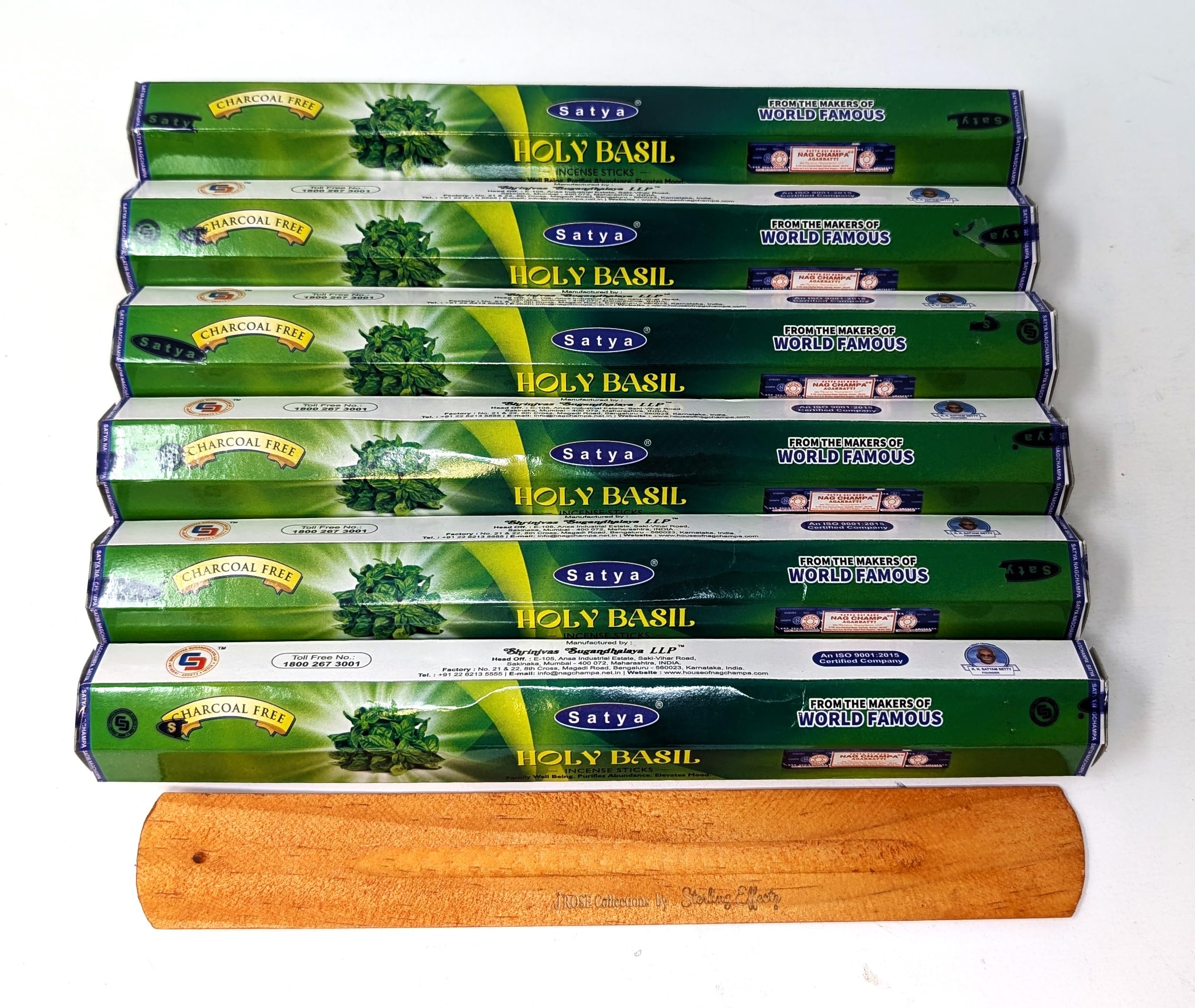 Satya Holy Basil Incense Sticks – 6 x 20 Stick Packs (120 Total) – Charcoal-Free – Purifying Herbal Aroma – Includes JRose Wooden Burner – Natural Masala Incense for Meditation & Healing