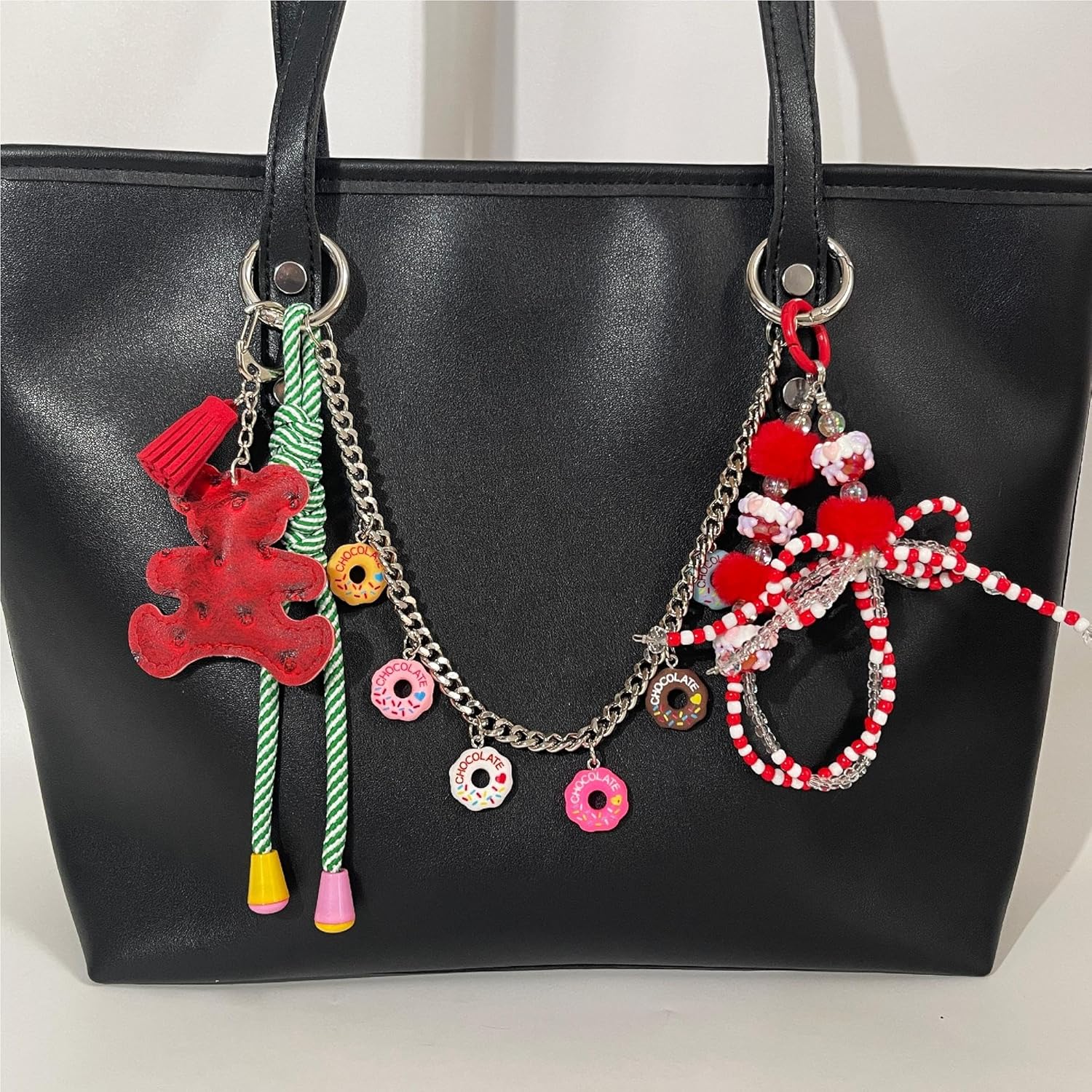 QTMY Cute Bear Doughnut Beaded Braided Keychain Bag Charms for Handbag Purse Backpack Accessories Bogg Bag,564-1 - Image 6