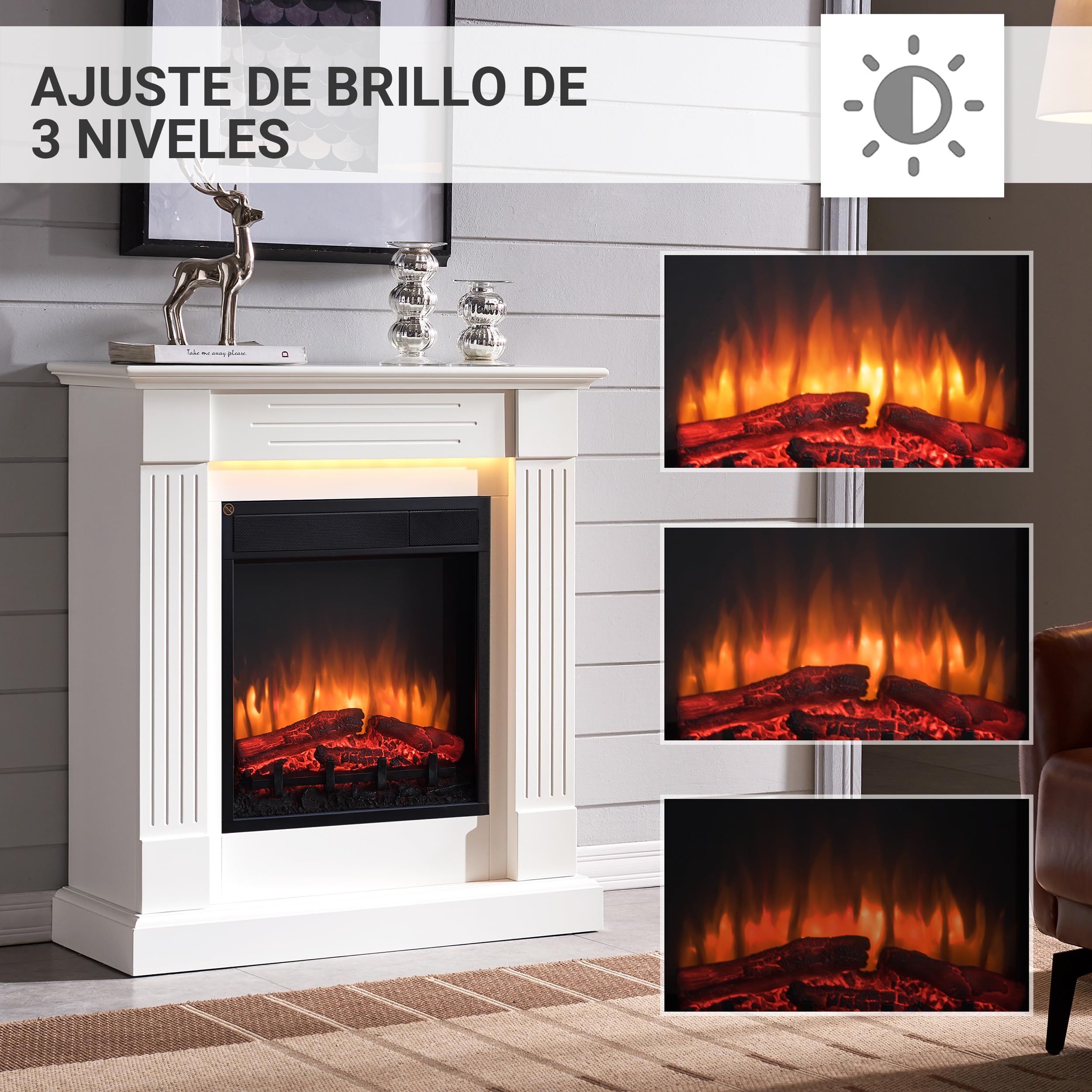 BALDERIA Chimenea eléctrica de pie Ladina, 2000 W, Blanco | Efecto de Llama 3D, Calentador, Calefacción, Iluminación Ambiental LED, Mando a Distancia, Temporizador y termostato