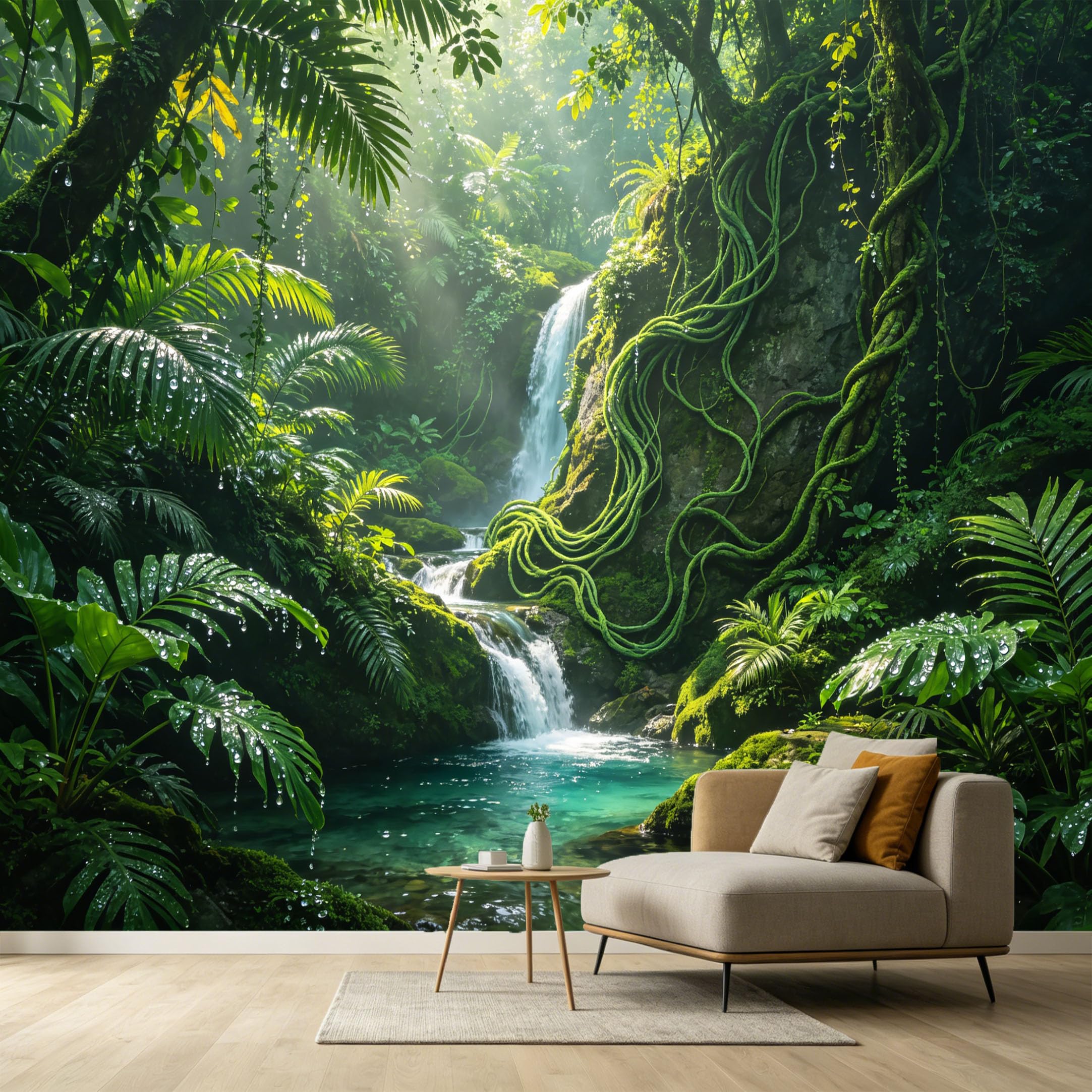 Custom Size Wall Murals Tropical Jungle Waterfall Landscape Vines Ferns Foliage SelfAdhesive Wall Fabric Removable Large Wallpaper for Photo Living Room