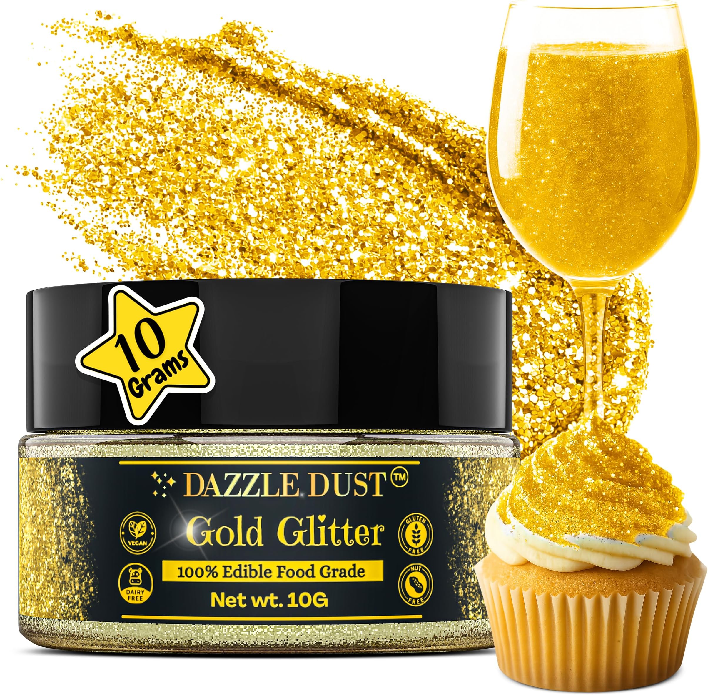 Dazzle Dust Edible Glitter Sprinkles for Cake Decorating, Drinks, Cookie, Icing, Dessert Decorations, Sparkly Luster, Food-Grade, Vegan, Gluten Free, Kosher, Bulk 10g, Gold