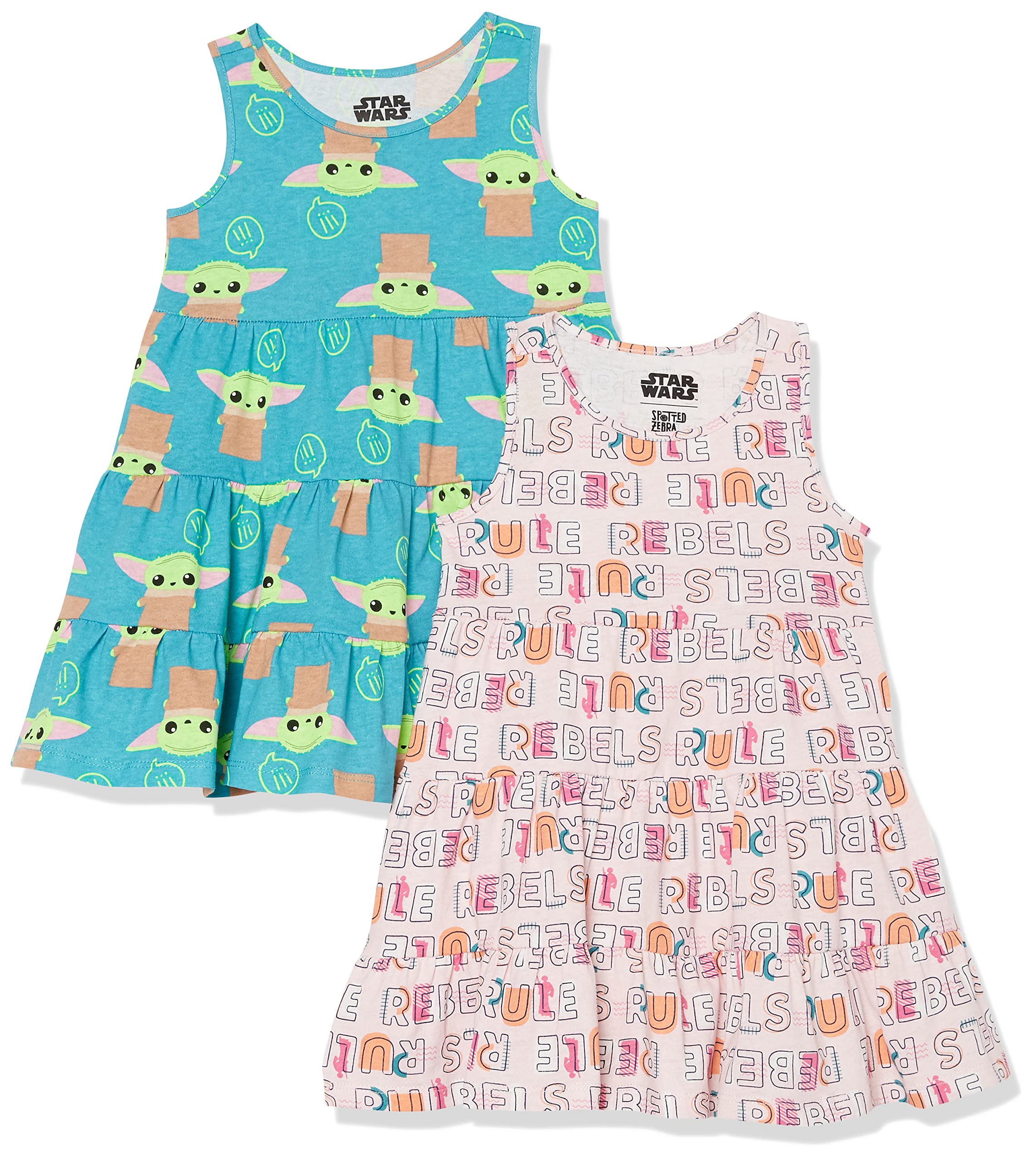 Amazon EssentialsDisney | Marvel | Star Wars | Frozen | Princess Girls and Toddlers' Knit Sleeveless Tiered Dresses (Previously Spotted Zebra), Pack of 2