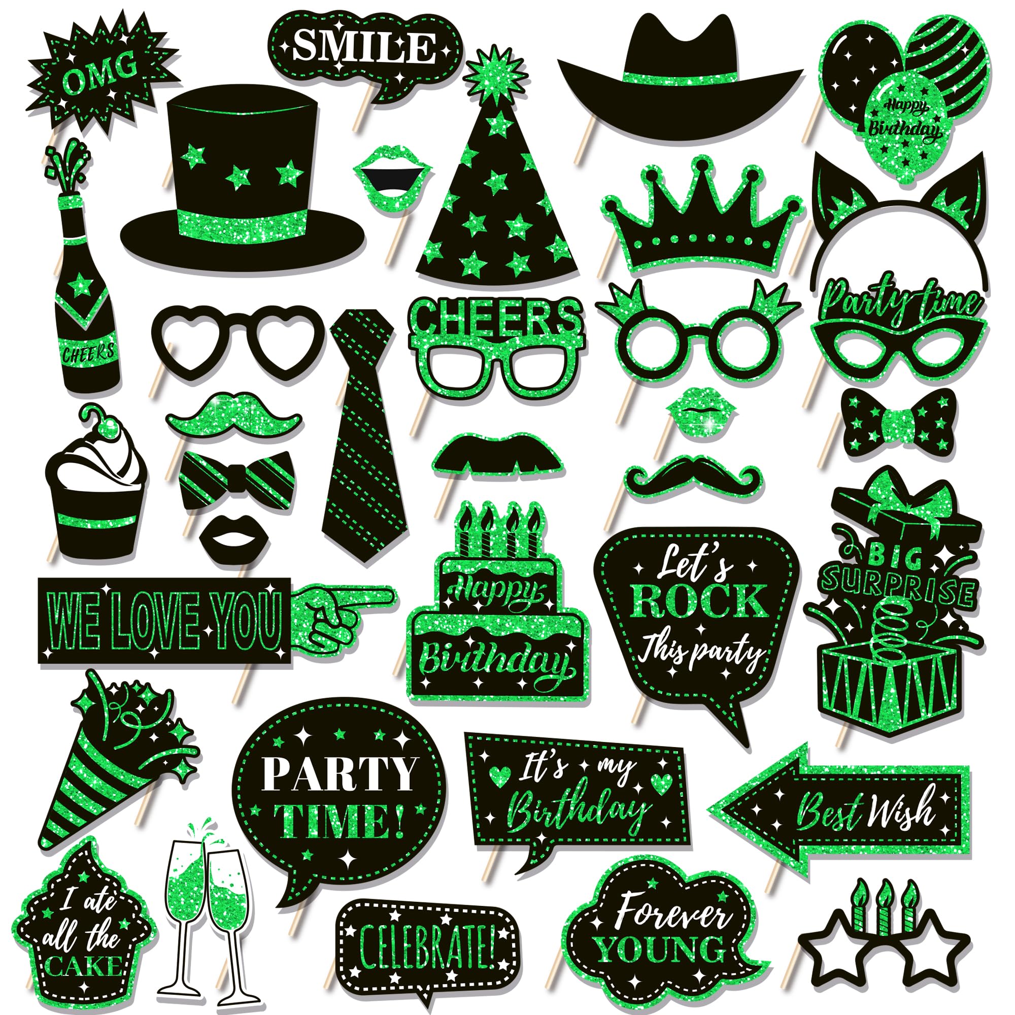 Cc Home Green 36Pcs Happy Birthday Photo Booth Props, Glitter Birthday Party Decorations Party Favor For Forever Young Cheers Party Time Birthday Party Supplies Party Essentials