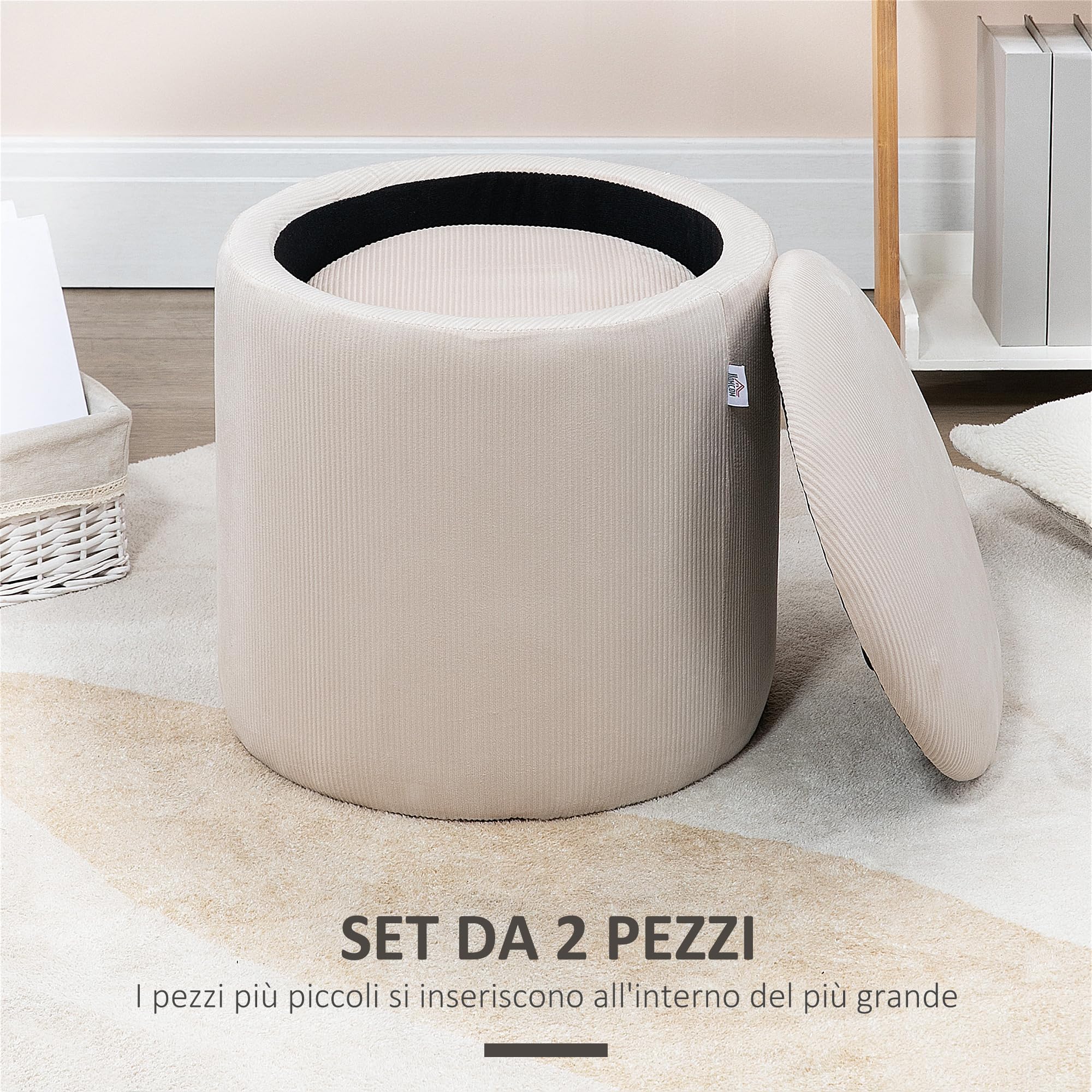 HOMCOM Set di 2 Pouf Contenitore Salvaspazio in Velluto a Coste, Sgabelli Imbottiti Rotondi con Coperchio per Salotto e Camera da Letto, Pouf Poggiapiedi Moderno, Carico 100kg, Bianco Crema
