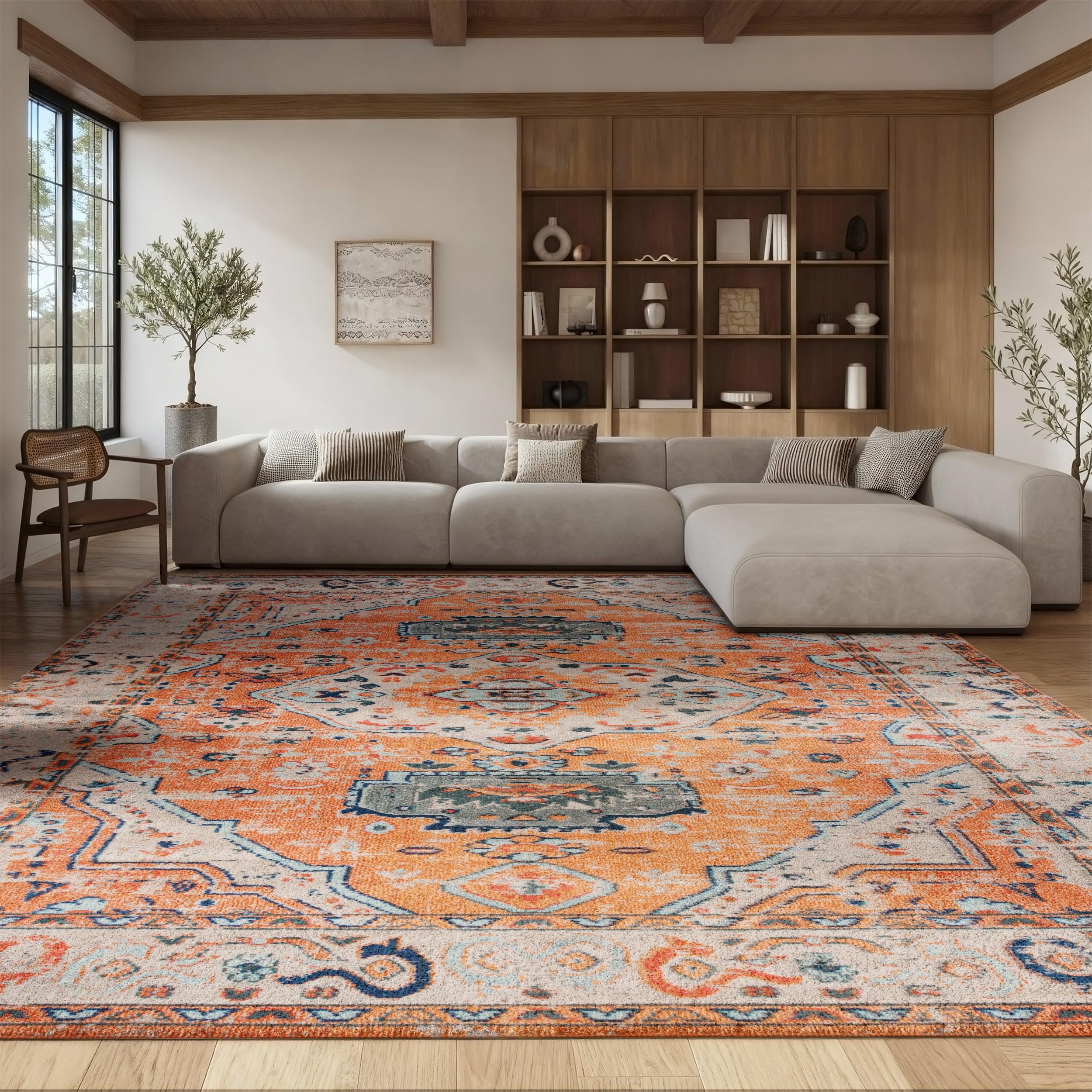 SAFAVIEH Area Rug 8x10 - Madison Collection - Large - Orange & Ivory, Boho Chic Medallion Distressed Design, Non-Shedding & Easy Cleaning, Ideal for