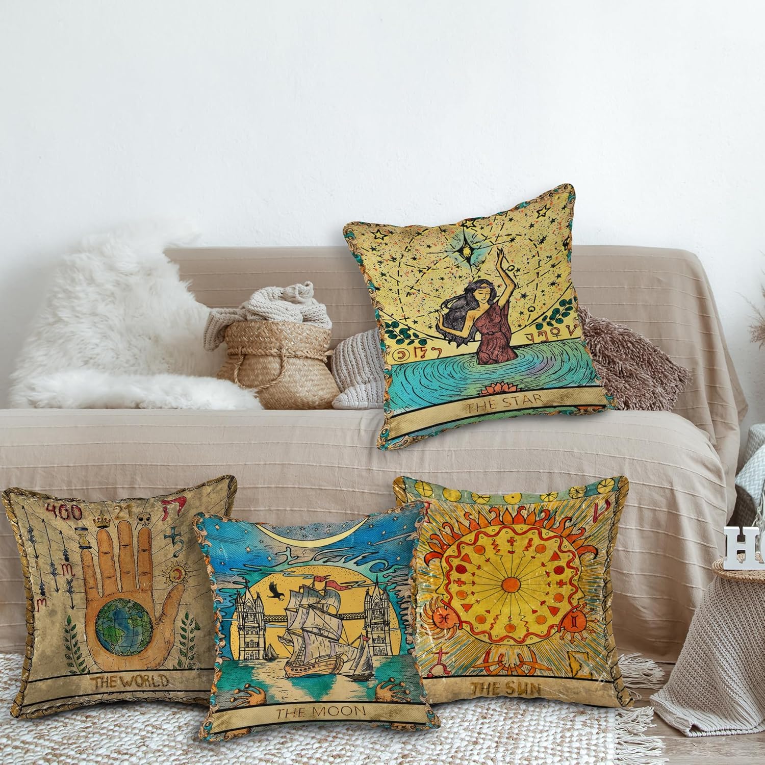 (RB) Tarot the Star Flannel Throw Pillow Case, 18 x 18 Inch Set of 4, Daughter Sister Astrology Tarot Lovers Gifts, Mom, Wife Gifts, Tarot Art Decor Cushion Cover for Sofa Bed Girl Room College Dorm