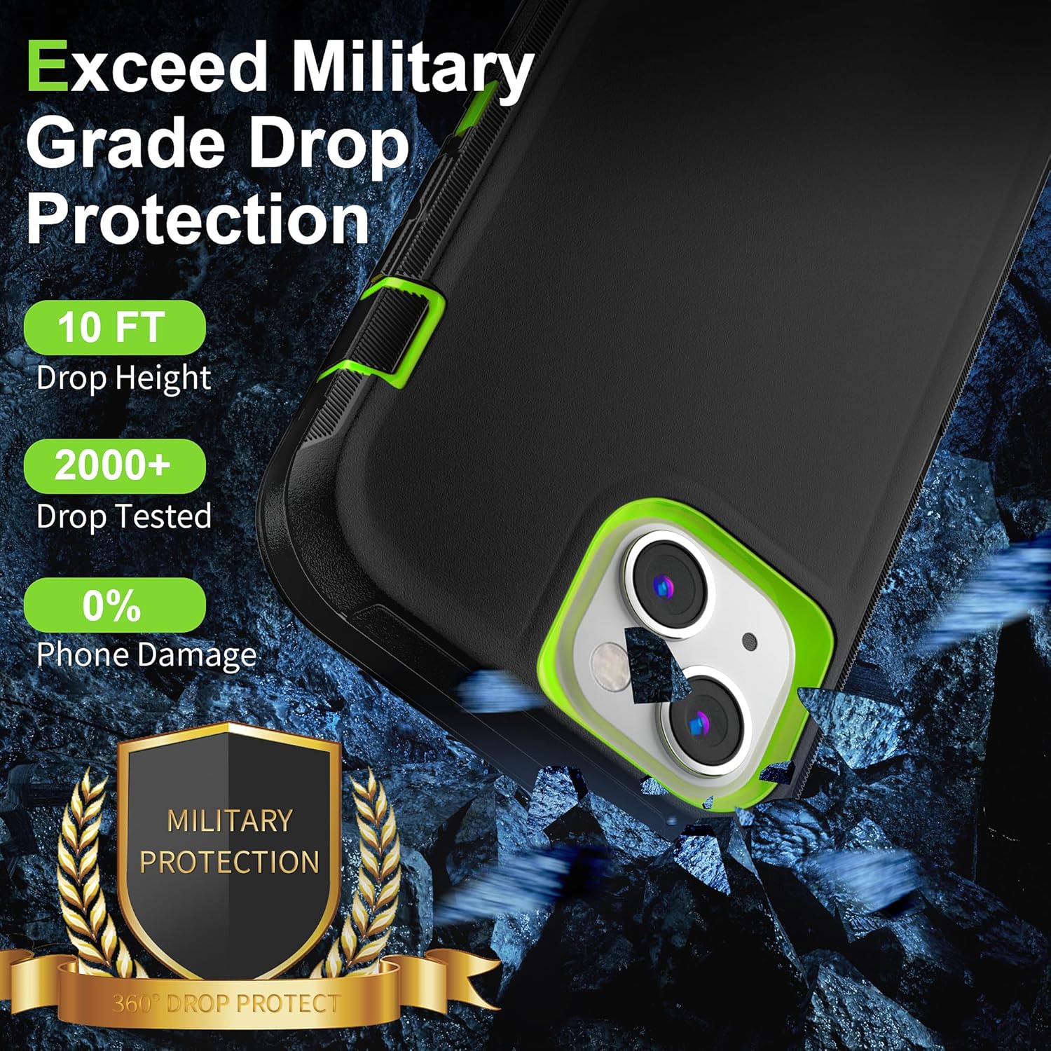 for iPhone 15 Case 6.1" Belt Clip Kickstand with 2 Screen Protector & 2 Camera Lens Protector, Full Body Protection Heavy Duty Case Cover (Black Green+Clip) - Image 5