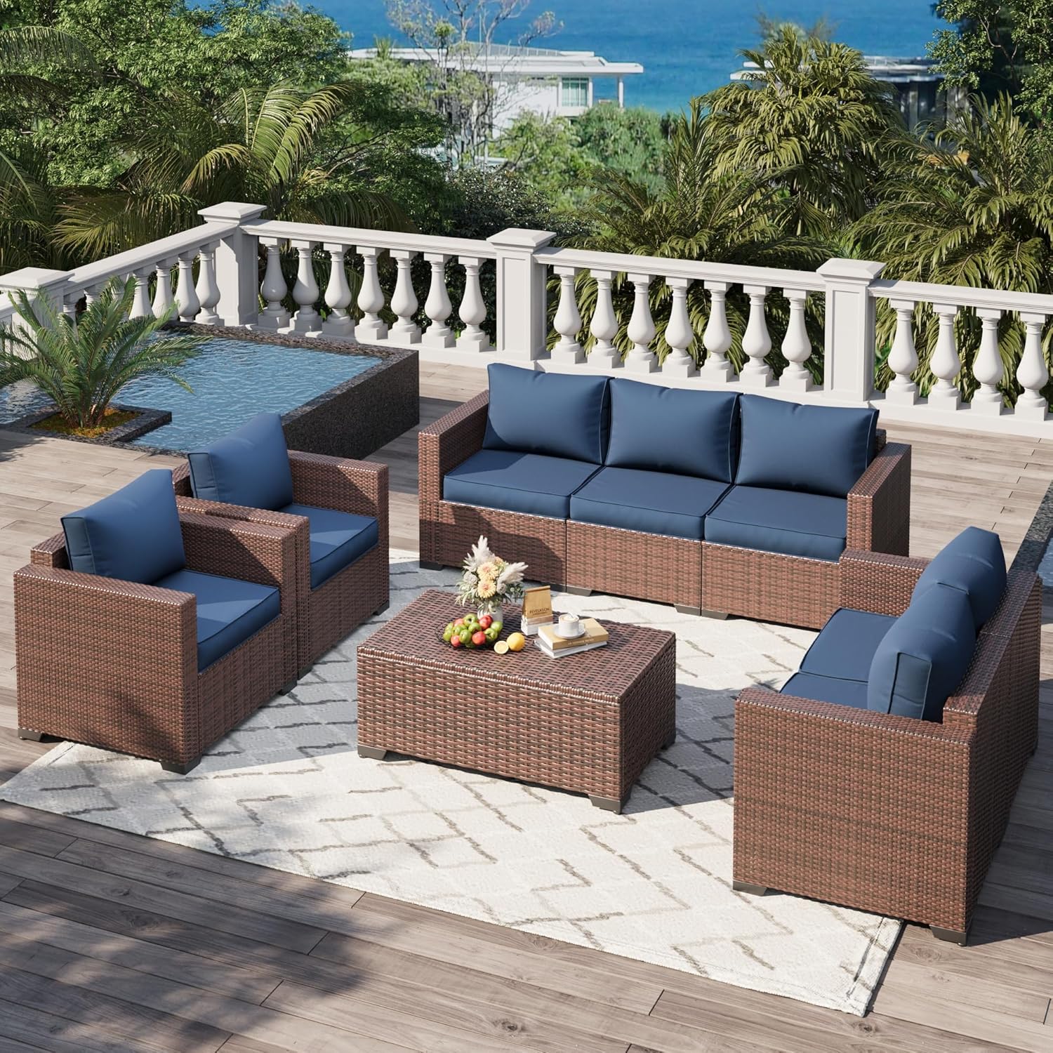 Patio Furniture Set,5 Piece Wide Armrest Outdoor Furniture Chair with 4" Thickened Cushion,Wicker Patio Conversation Sets with Waterproof Covers for Backyard, Porch(Navy Blue)