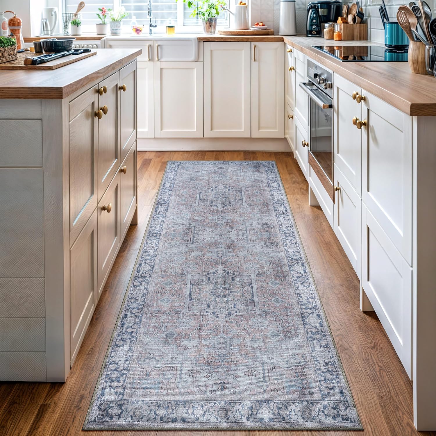 Easy Care 2’6″ x 12′ Non-Slip 12 Foot Extra Long Runner Rug for Hallway, Entryway, Kitchen, Bedroom Vintage Farmhouse – Stain Resistant & Durable, Moreno Collection – Blush/Grey/Blue Easy Care 2’6″ x 12′ Non-Slip 12 Foot Extra Long Runner Rug for Hallway, Entryway, Kitchen, Bedroom Vintage Farmhouse – Stain Resistant & Durable, Moreno Collection – Blush/Grey/Blue
