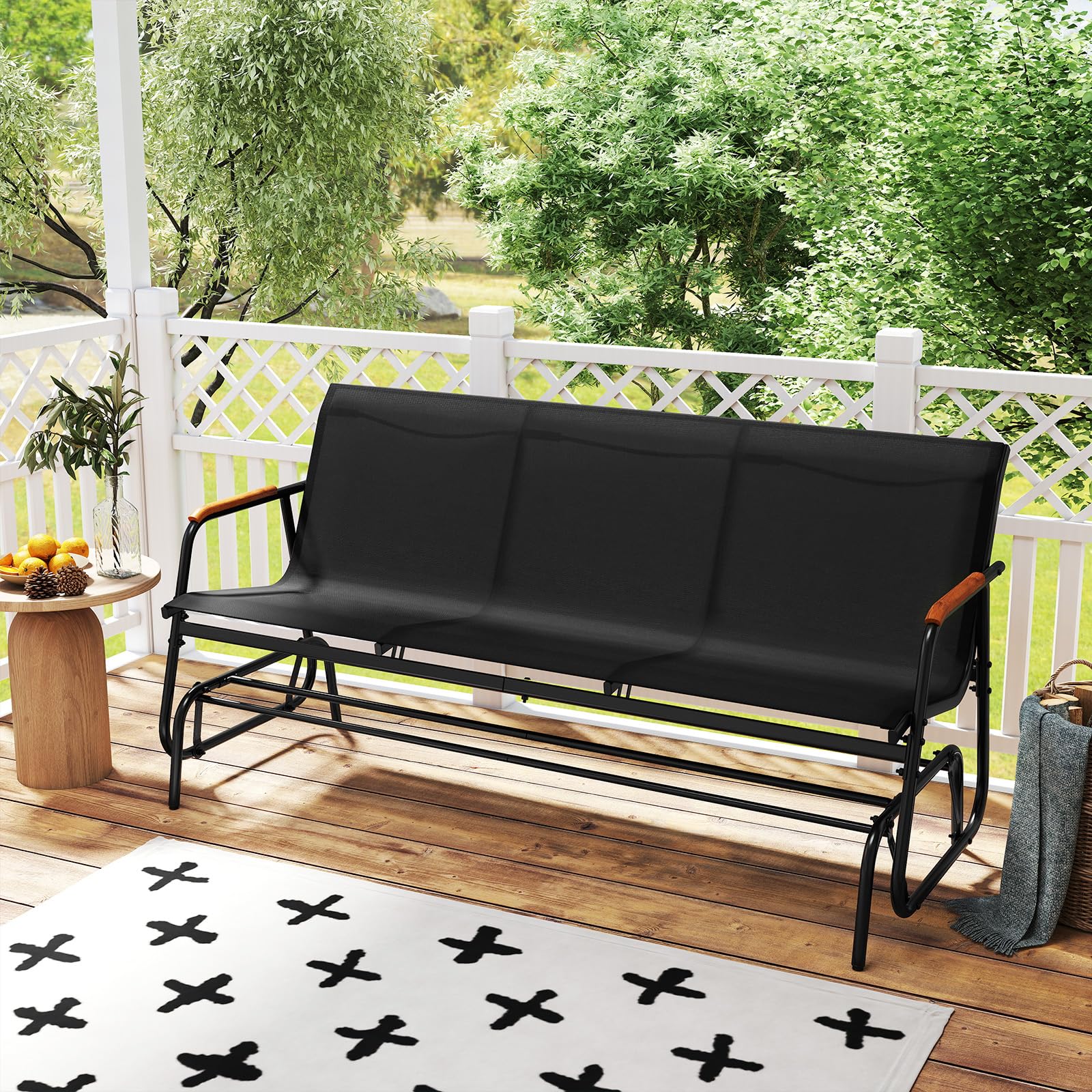 COSTWAY Banco Balancin de 2/3 Plazas, Banco Deslizante con Asiento Largo y Reposabrazos Curvos de Teca, Tela Transpirable, Jardin Terraza Exterior, Carga 300/450kg (Negro,74 x 169 x 84 cm)