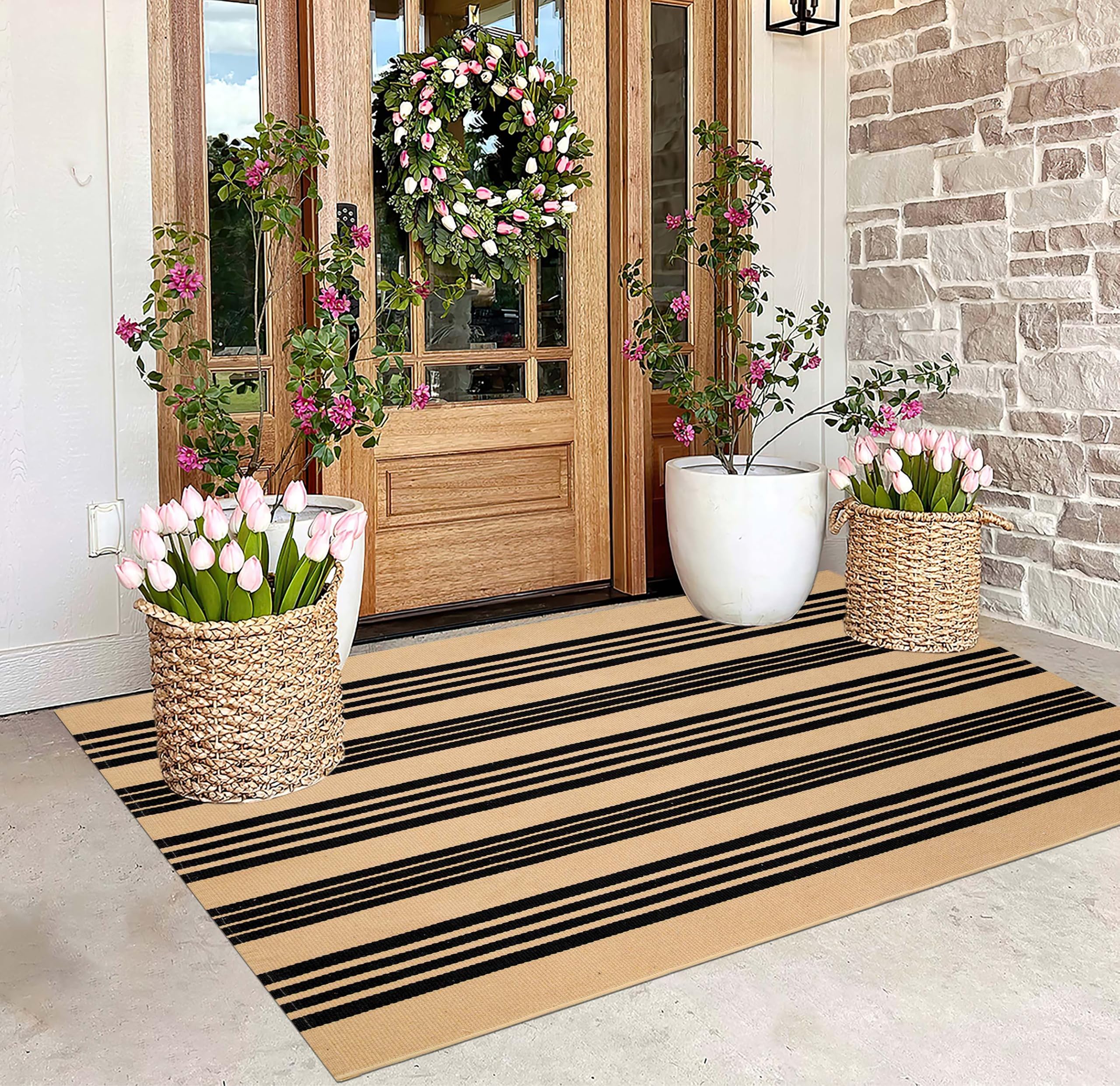 Tapis d'extérieur rayé Noir et Beige 90 x 150 cm pour Porche, décoration d'