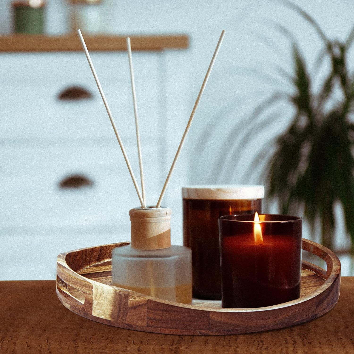ZESPROKA Wooden Decorative Serving Tray - Acacia Wood Tray with Handles - Candle Holder Tray - Round Farmhouse Rustic Ottoman Tray - Circle Display Platter for Kitchen, Bar, Living Room : Home & Kitchen