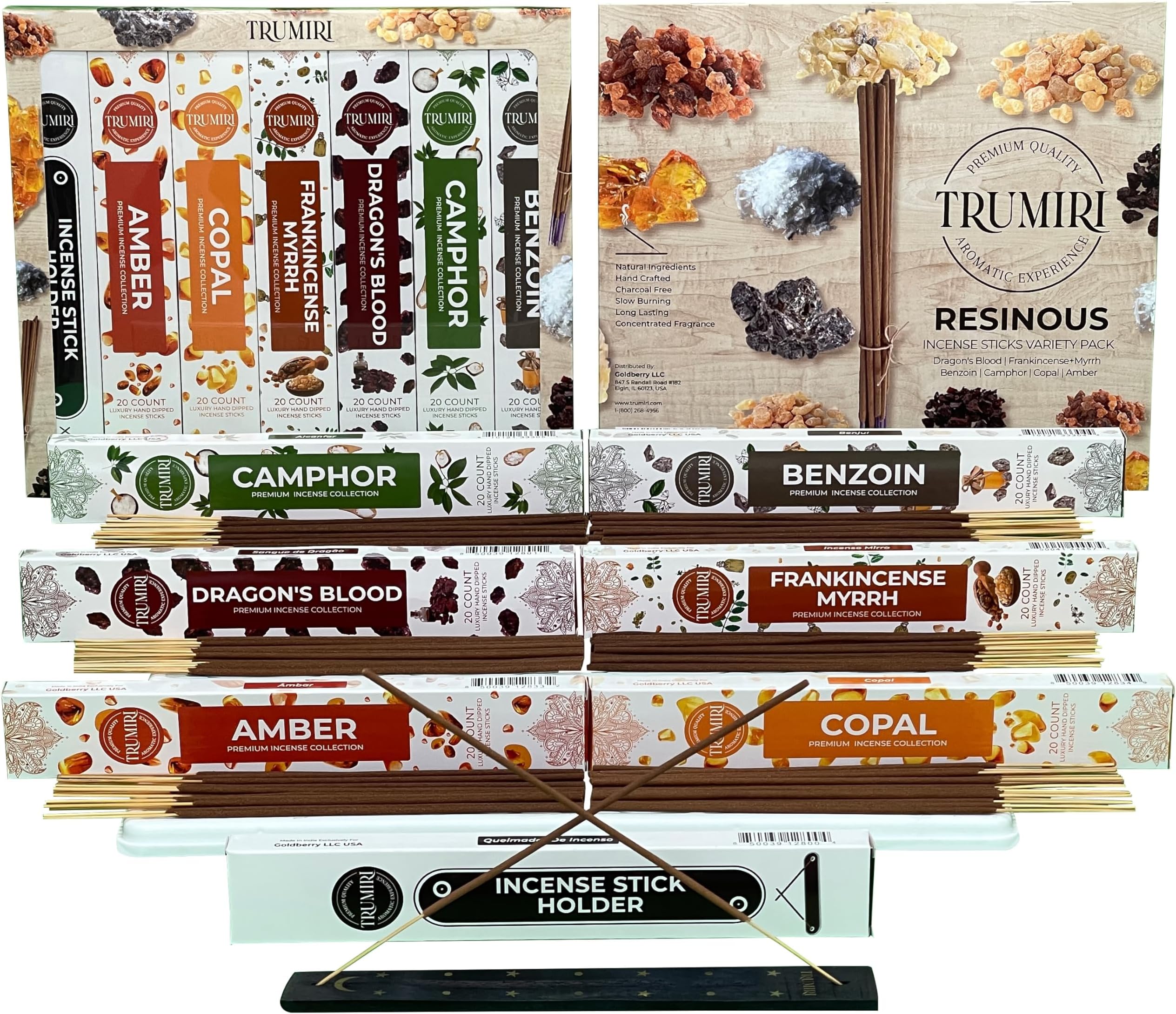 Trumiri Incense Sticks - 120 Insence-Sticks (20 Insense x 6 Incents) - Incienso Inscents-Sticks with Dragon Blood Frankincense Myrrh Benzoin Amber Copal Resin and Camphor Alcanfor + Incense Holder