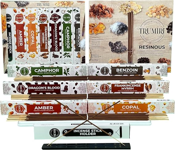 Trumiri Incense Sticks - 120 Insence-Sticks (20 Insense x 6 Incents) - Incienso Inscents-Sticks with Dragon Blood Frankincense Myrrh Benzoin Amber Copal Resin and Camphor Alcanfor + Incense Holder
