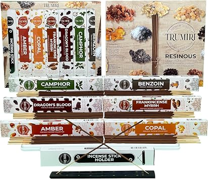 Trumiri Incense Sticks - 120 Insence-Sticks 20 Insense x 6 Incents - Incienso Inscents-Sticks with Dragon Blood Frankincense Myrrh Benzoin Amber Copal Resin and Camphor Alcanfor + Incense Holder