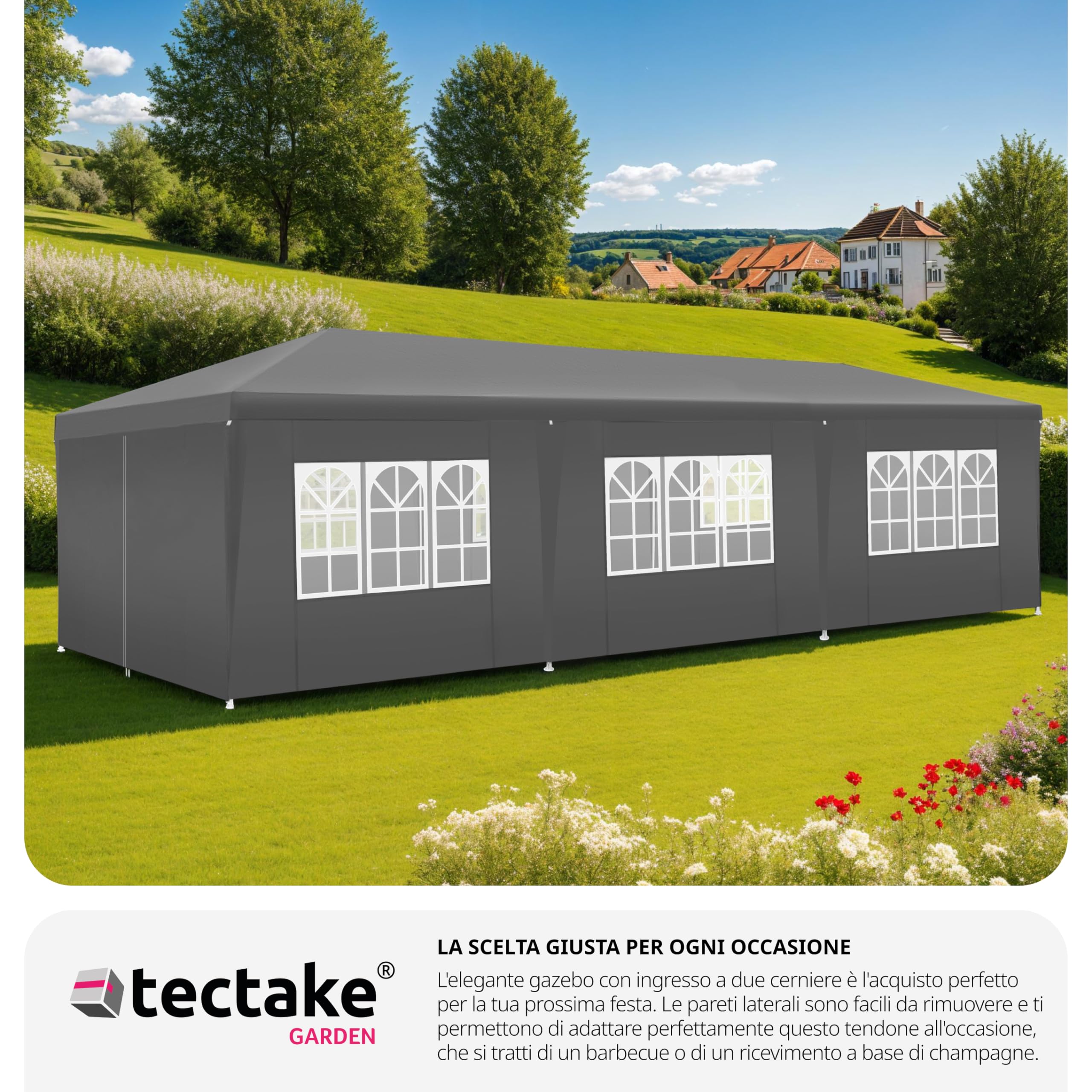 tectake® Tendone per Feste, Padiglione Gazebo Esterno Resistente con 8 Pezzi Laterali, Gazebo da Esterno con Finestre, Impermeabile, Resistente ai Raggi UV, 900 x 300 x 250 cm - Grigio