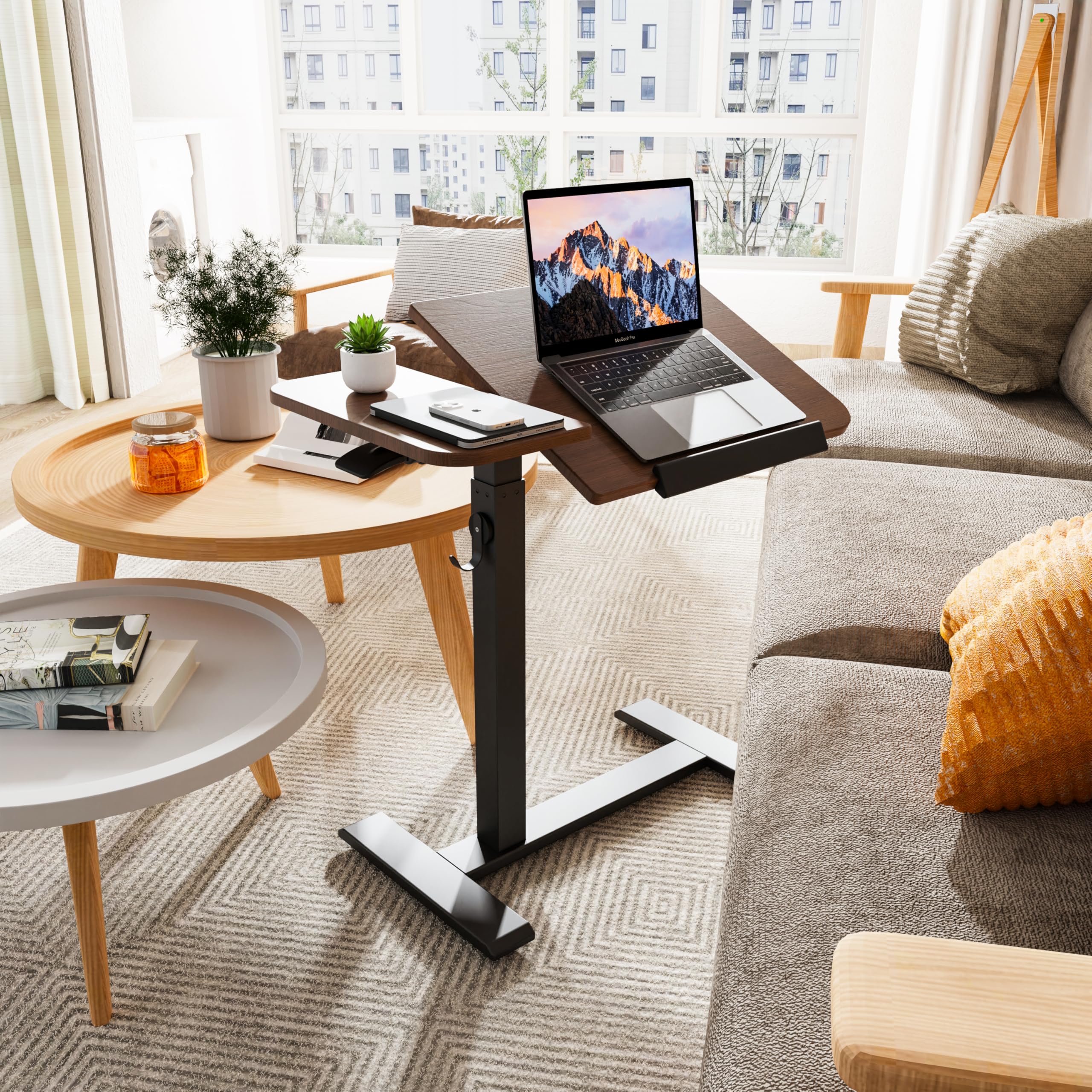 ETHU Stolik pod laptopa z regulacją wysokości, wielofunkcyjny stolik pomocniczy z uchylnym blatem roboczym i wpuszczanymi kółkami, mobilny stolik do łóżka, ergonomiczny stolik stojący do biura i domu