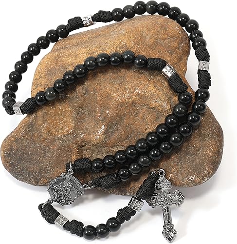 Miniatura 7 de Nazareth Store Juego de cuentas de rosario de piedras preciosas de paracaídas, resistentes cuentas de piedra curativa, collar de rosario de San