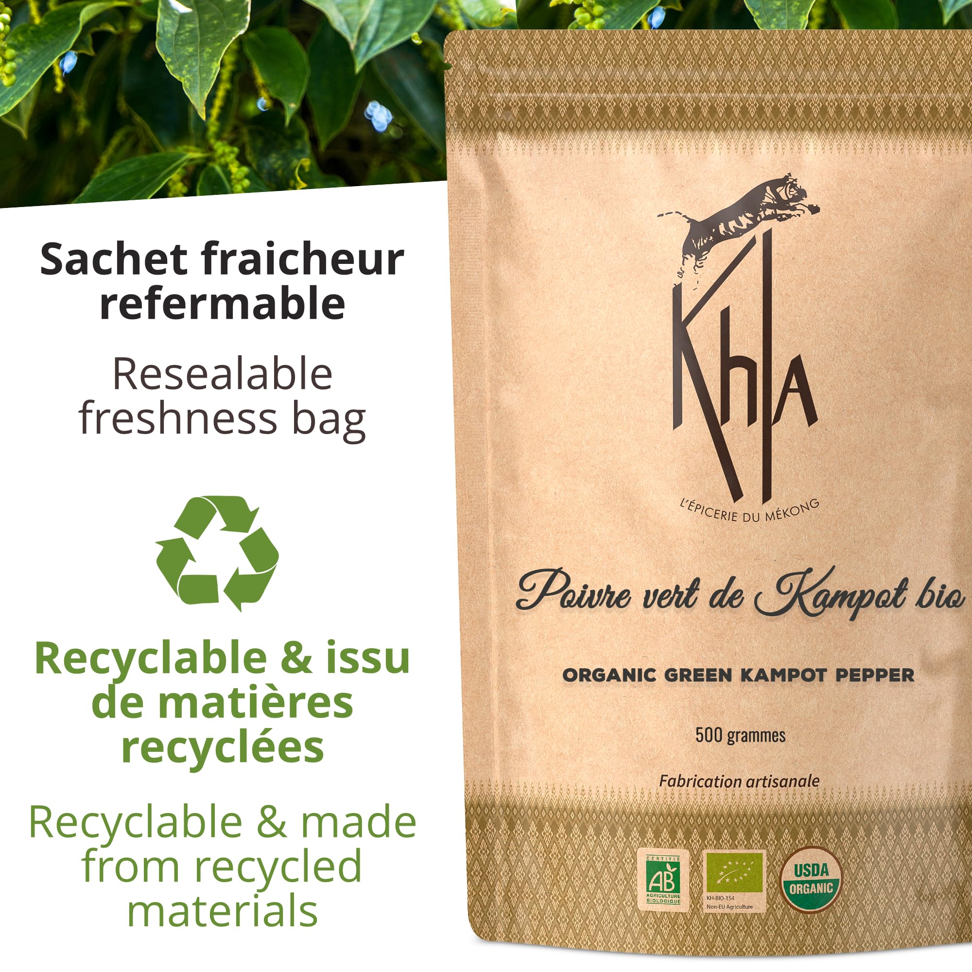 Khla - Poivre Vert Frais de Kampot Certifié Bio 500 g - Sachet Poivre en Grains Biologique - Grand Cru, Aromatique & Végétal - Direct Producteur - Apéritif, Sauces - Origine Cambodge